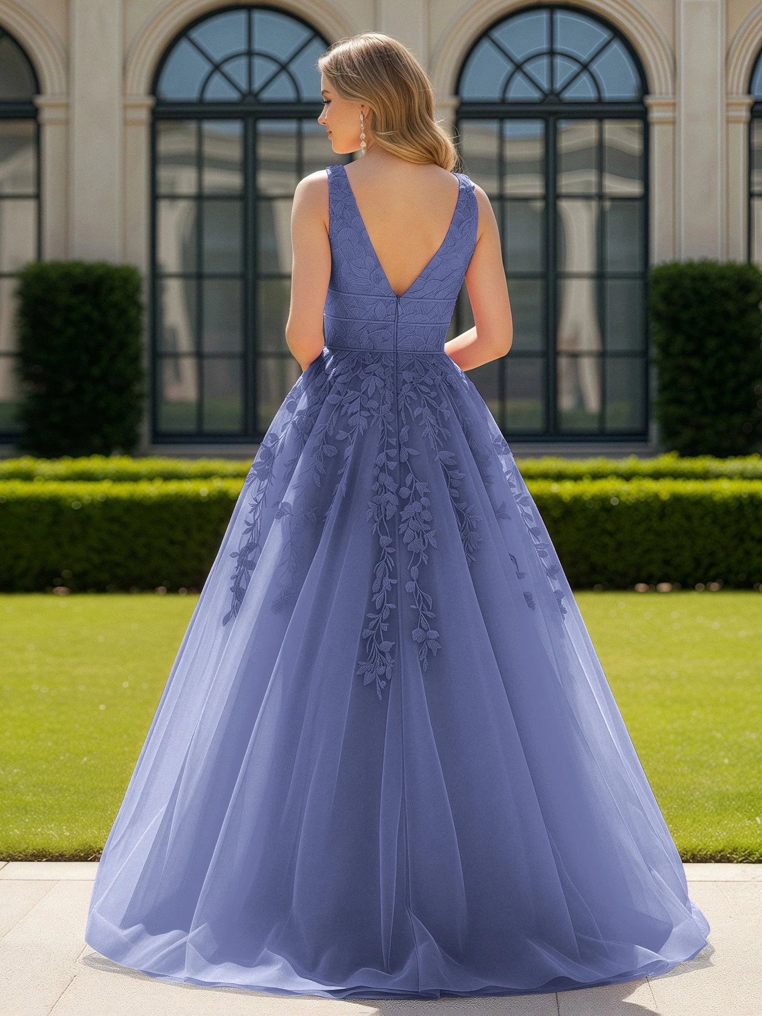 Applique Tüll Offener Rücken Tief V-Ausschnitt Ballkleid Periwinkleblau - Image 2