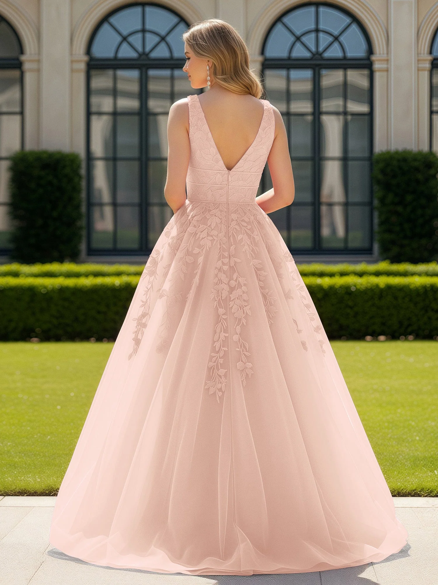 Applique Tüll Offener Rücken Tief V-Ausschnitt Ballkleid Perlrosa - Image 2
