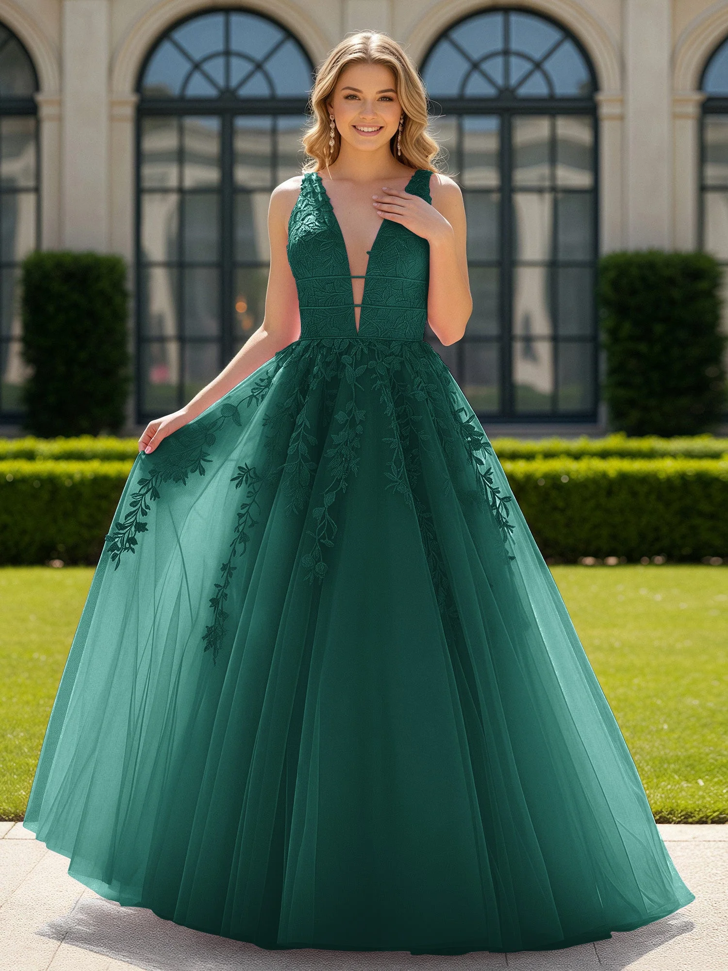 Applique Tüll Offener Rücken Tief V-Ausschnitt Ballkleid Pfau