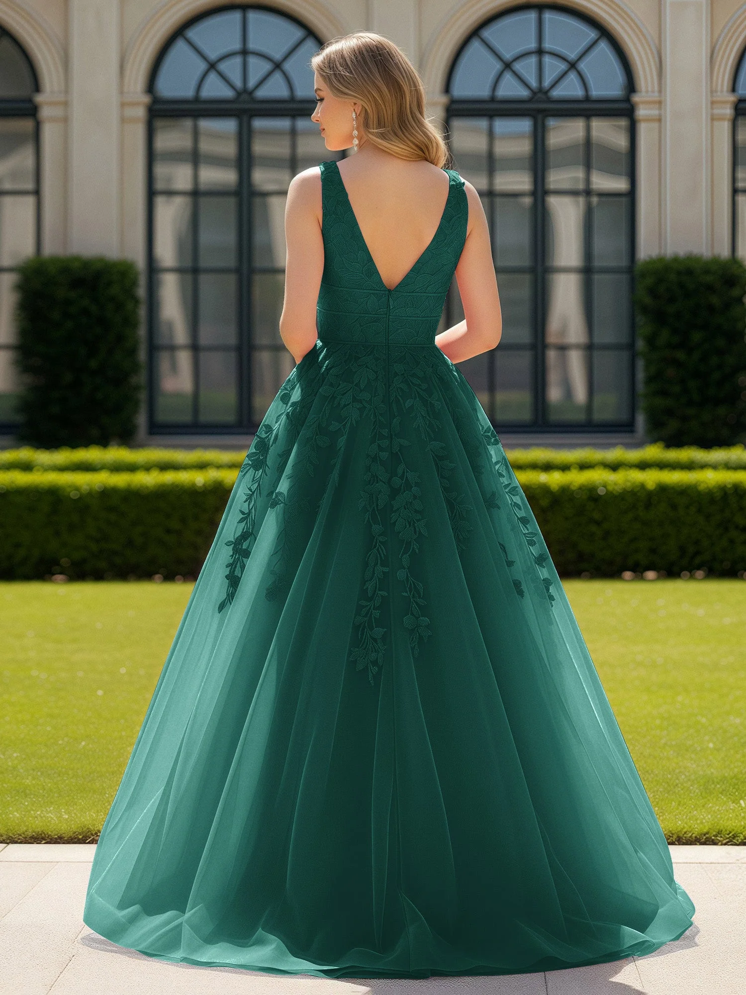 Applique Tüll Offener Rücken Tief V-Ausschnitt Ballkleid Pfau - Image 2