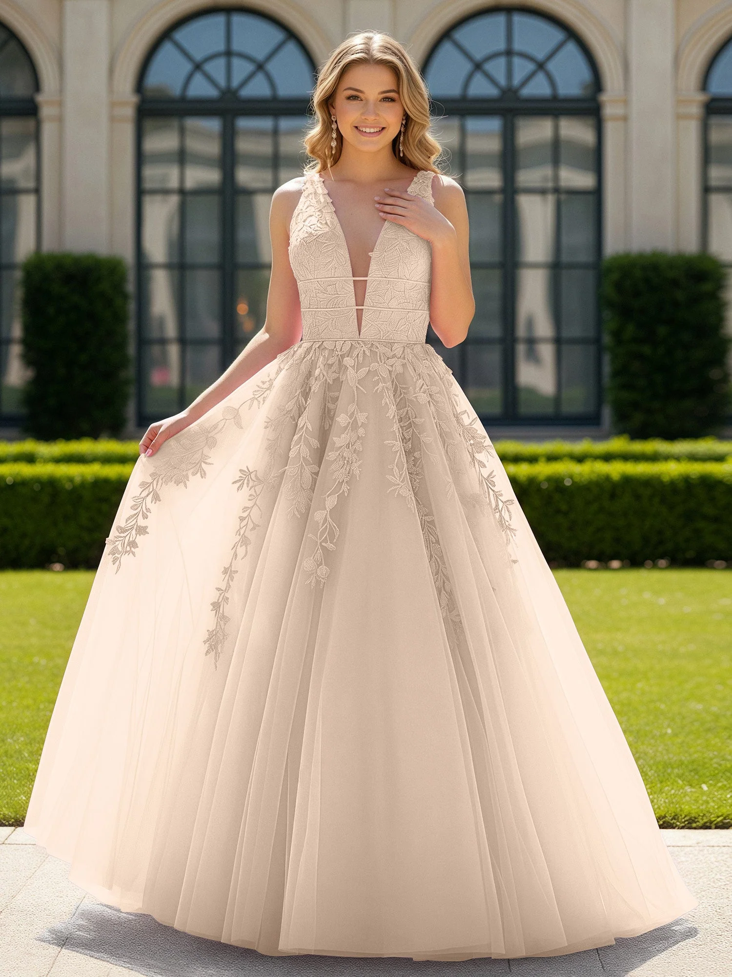 Applique Tüll Offener Rücken Tief V-Ausschnitt Ballkleid Pfirsich
