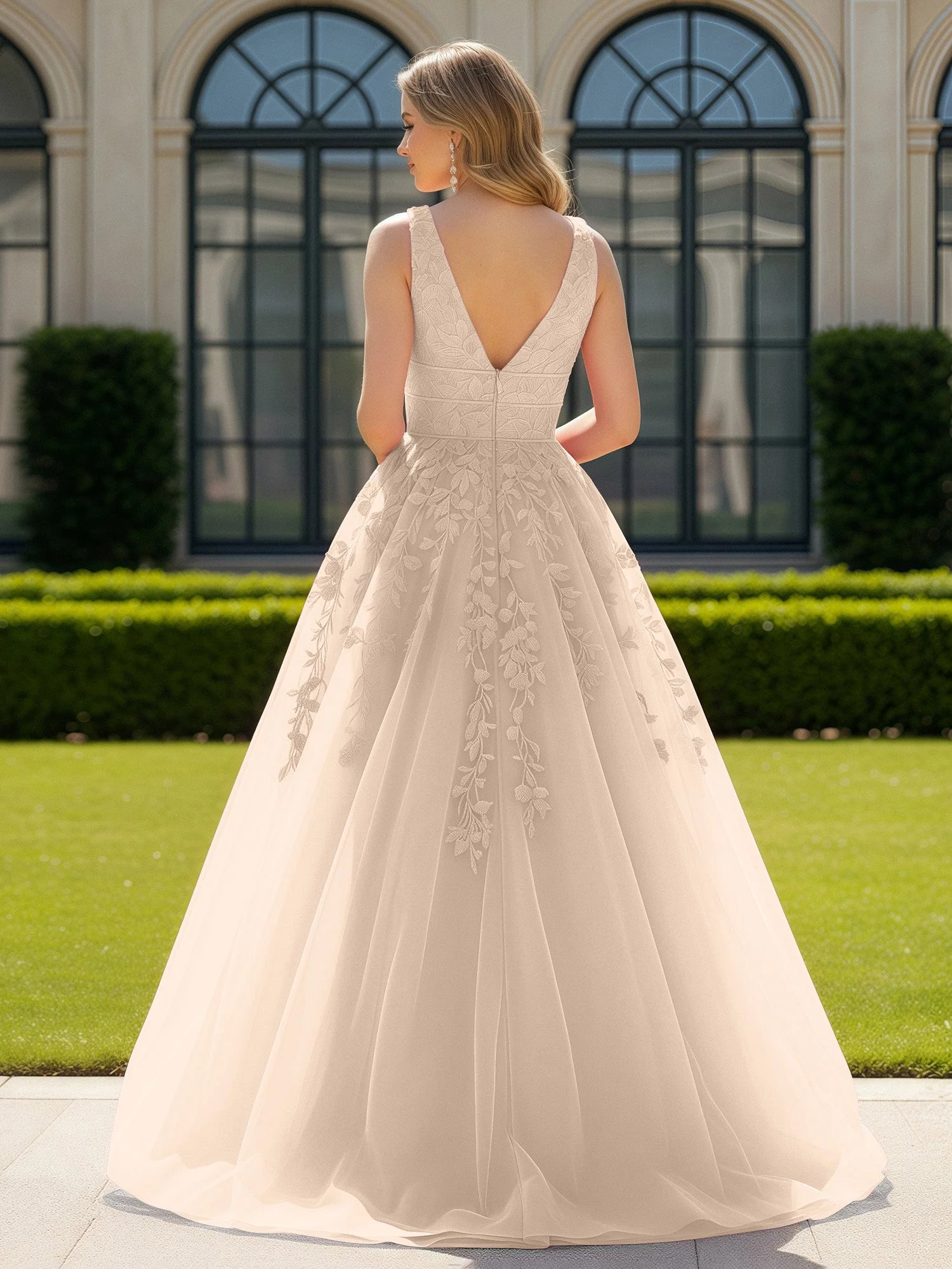Applique Tüll Offener Rücken Tief V-Ausschnitt Ballkleid Pfirsich - Image 2