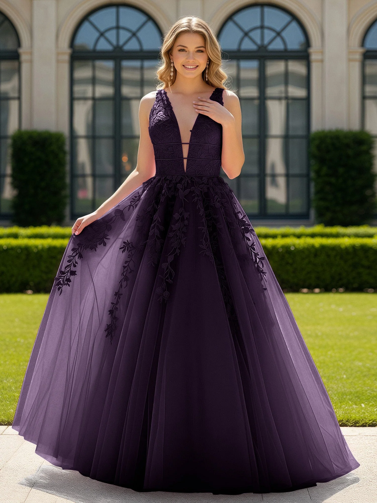 Applique Tüll Offener Rücken Tief V-Ausschnitt Ballkleid Plum