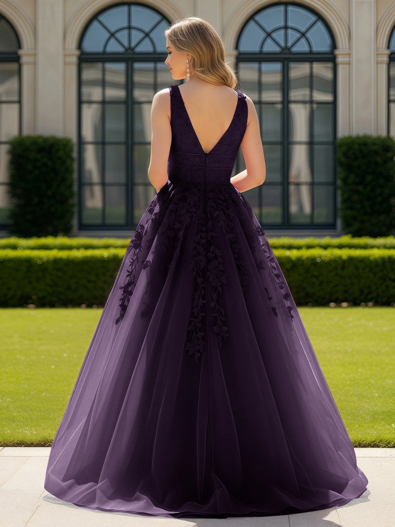 Applique Tüll Offener Rücken Tief V-Ausschnitt Ballkleid Plum - Image 2