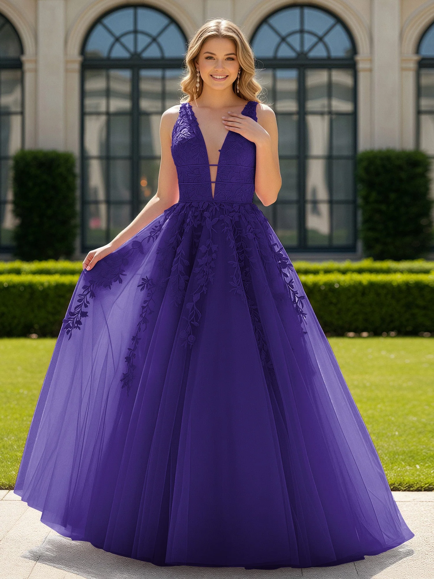 Applique Tüll Offener Rücken Tief V-Ausschnitt Ballkleid Regentschaft