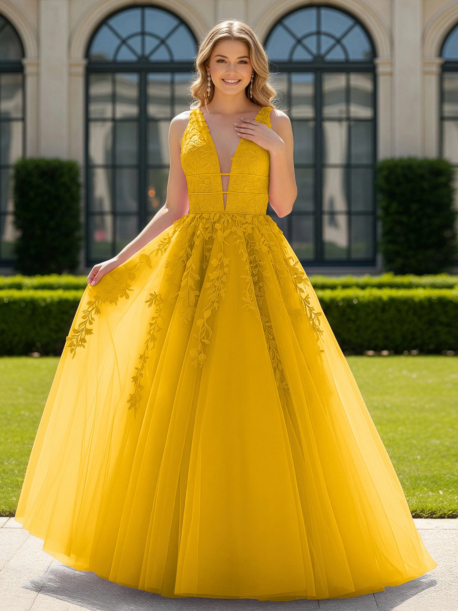 Applique Tüll Offener Rücken Tief V-Ausschnitt Ballkleid Ringelblume