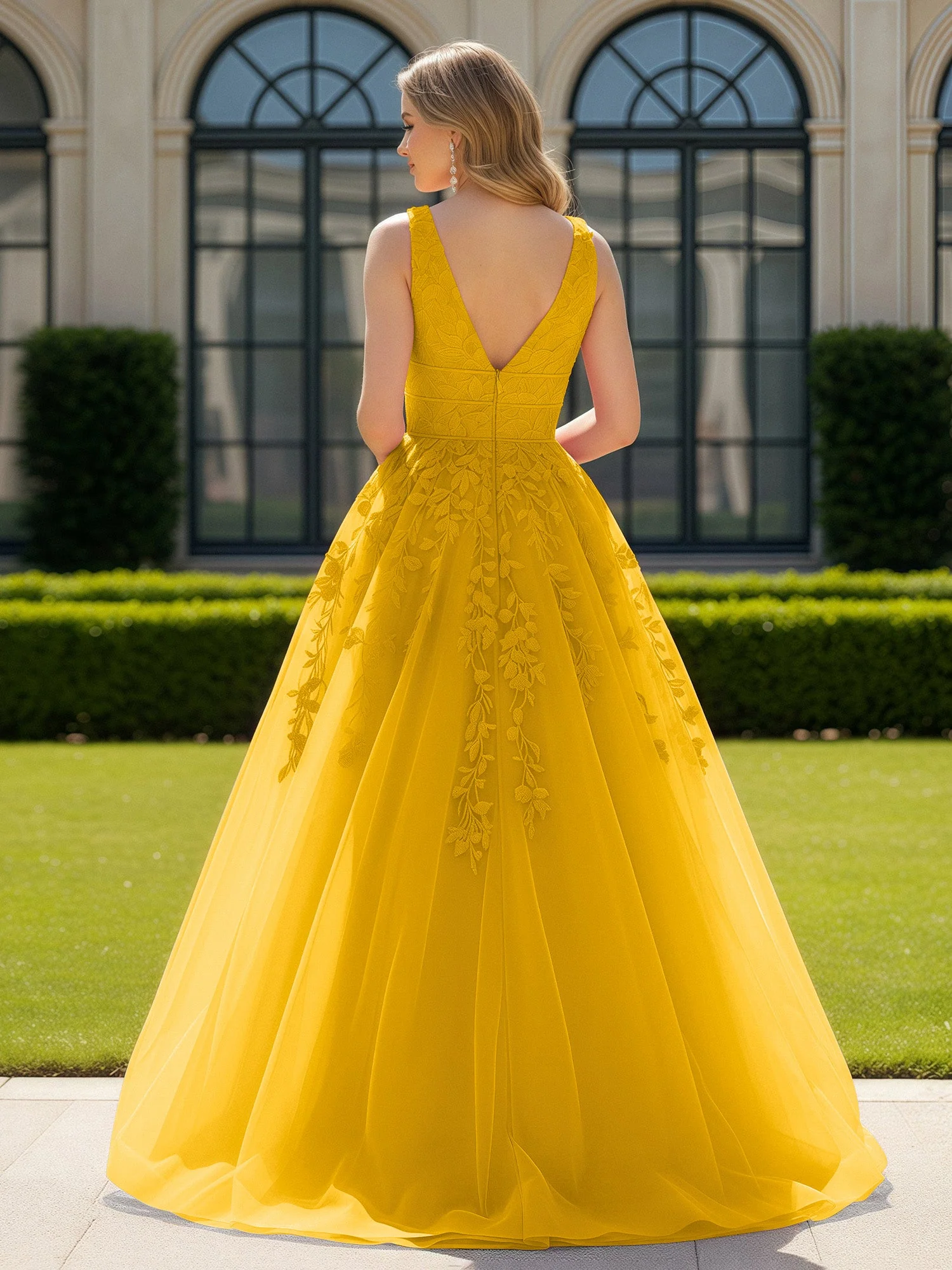 Applique Tüll Offener Rücken Tief V-Ausschnitt Ballkleid Ringelblume - Image 2