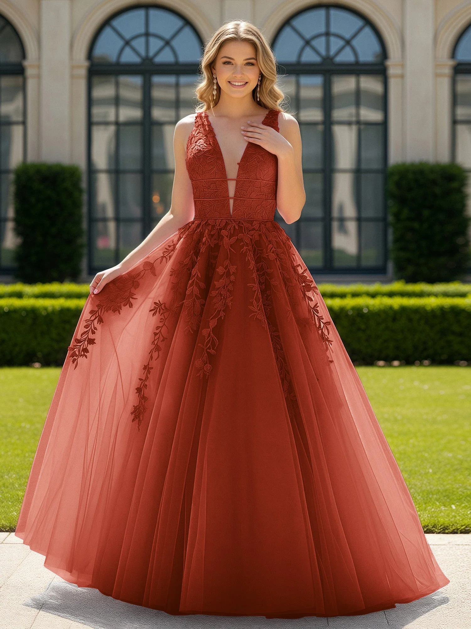 Applique Tüll Offener Rücken Tief V-Ausschnitt Ballkleid Rost