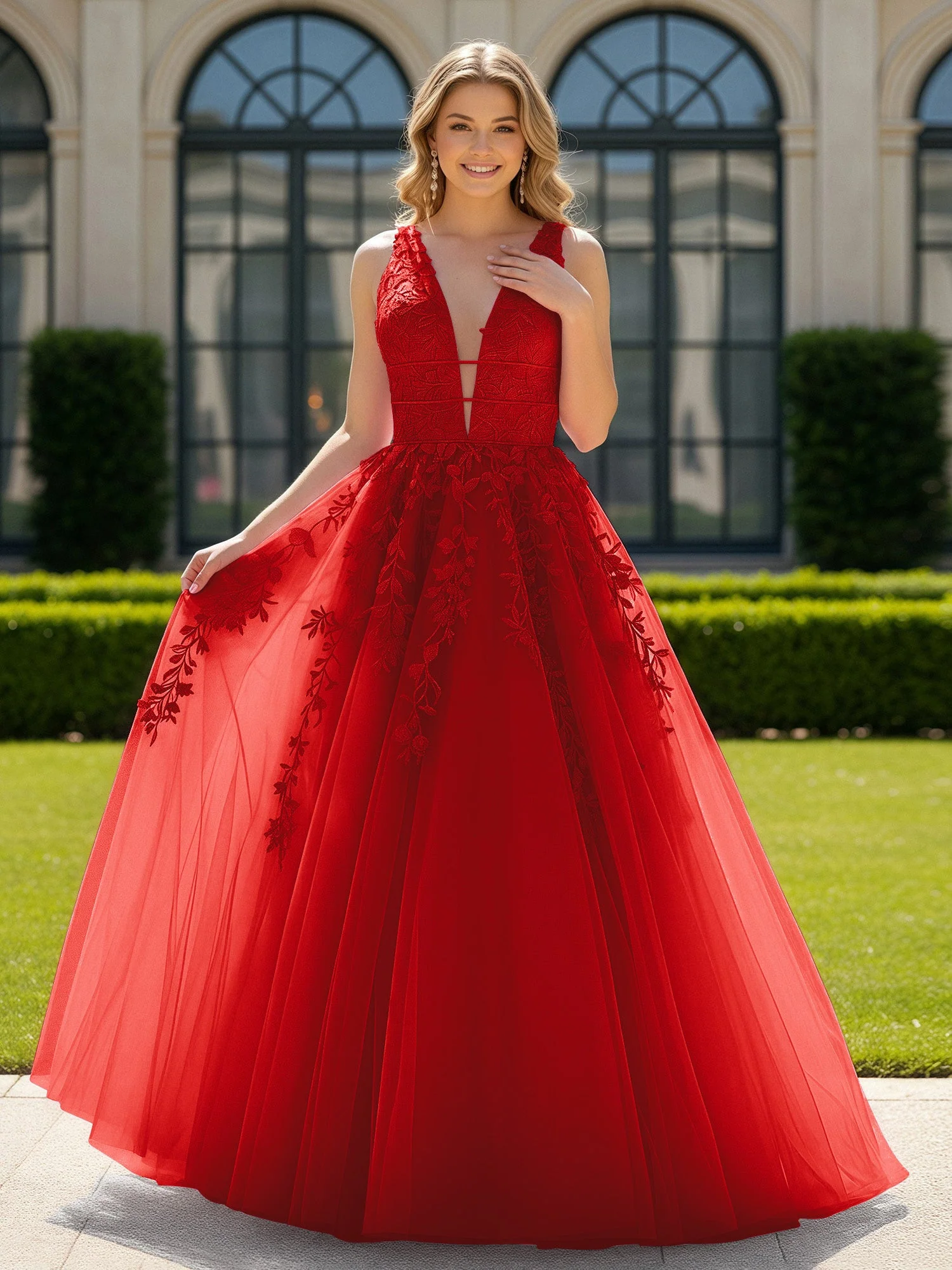 Applique Tüll Offener Rücken Tief V-Ausschnitt Ballkleid Rot