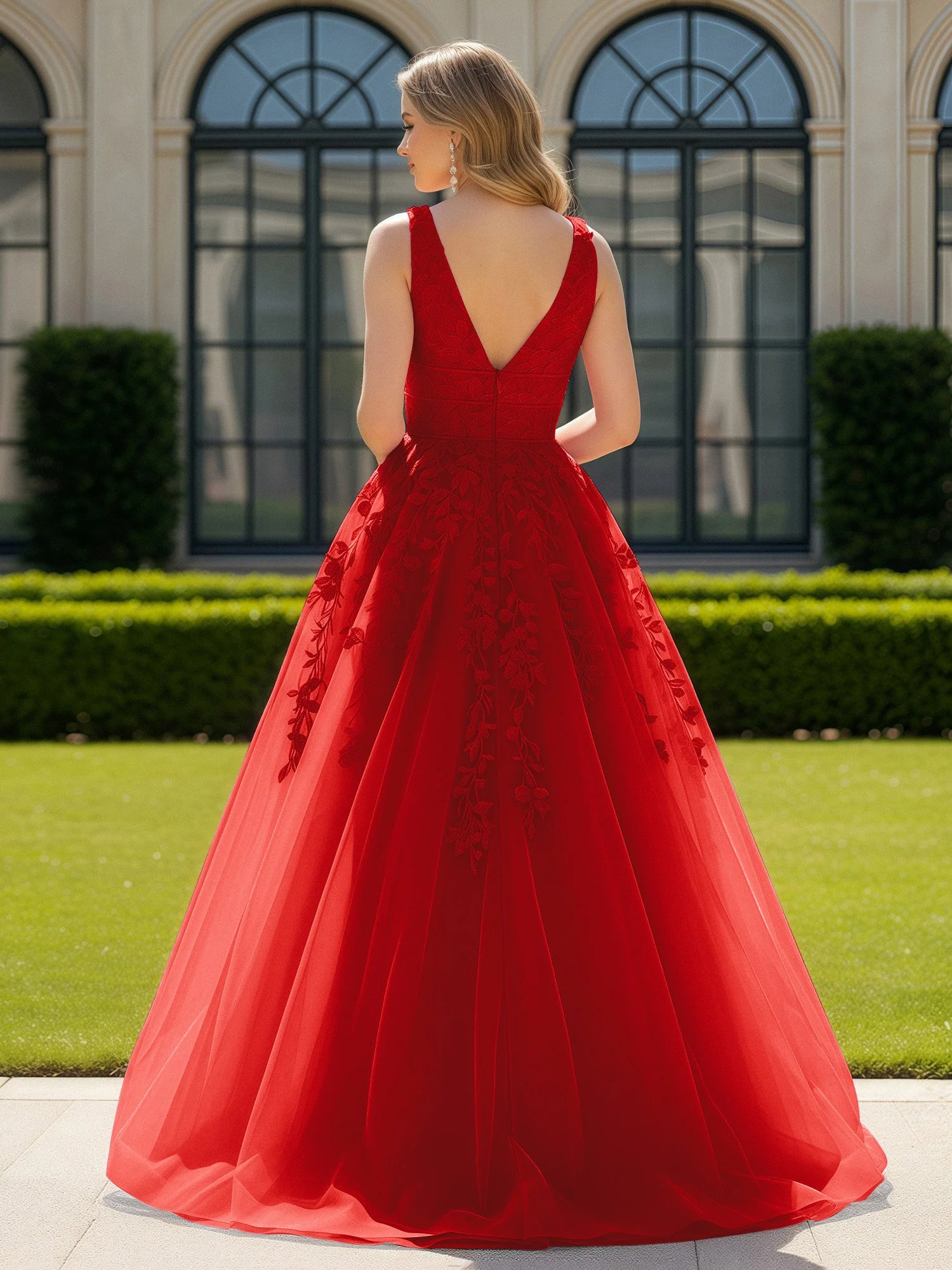Applique Tüll Offener Rücken Tief V-Ausschnitt Ballkleid Rot - Image 2