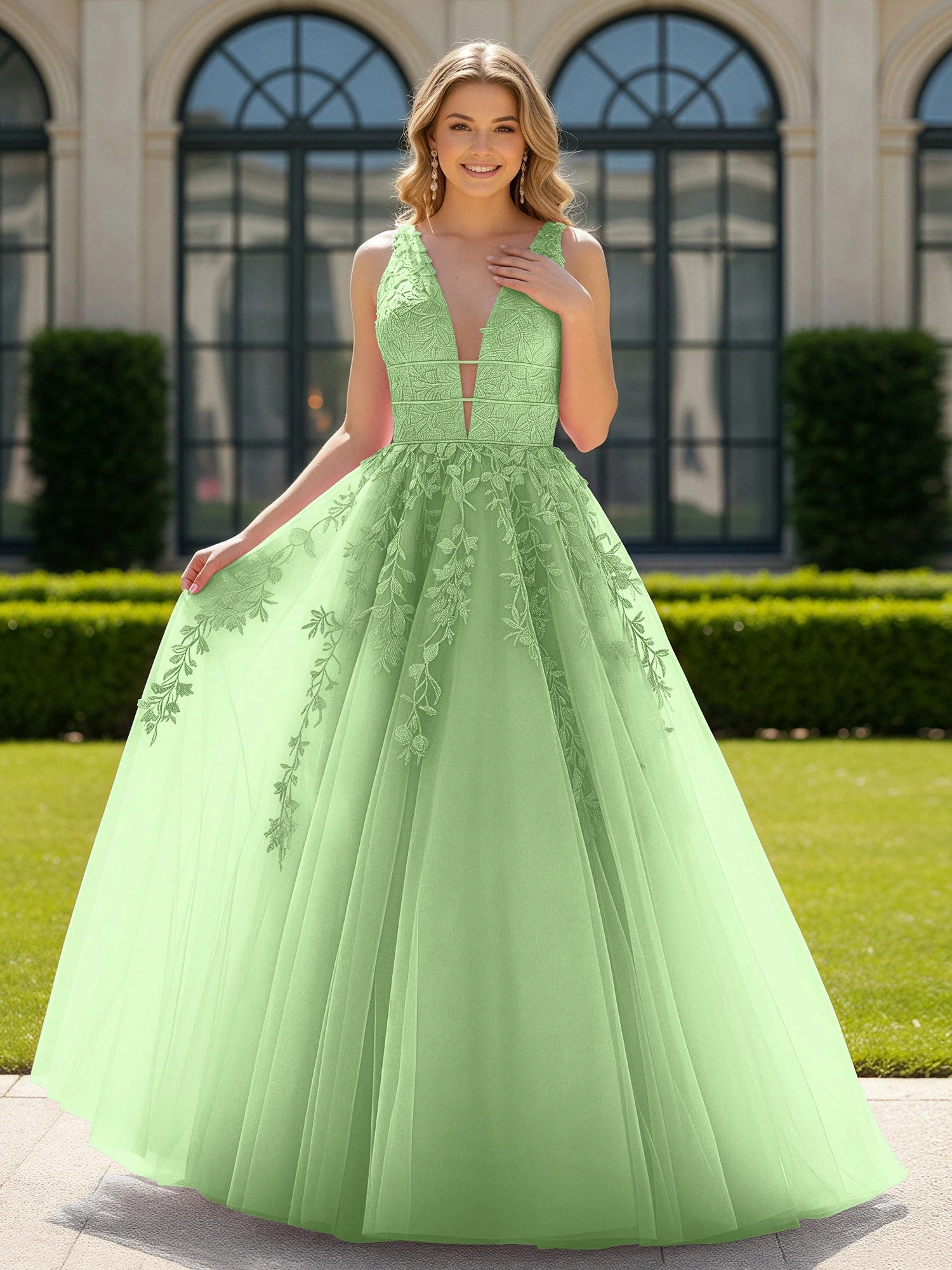 Applique Tüll Offener Rücken Tief V-Ausschnitt Ballkleid Salbei
