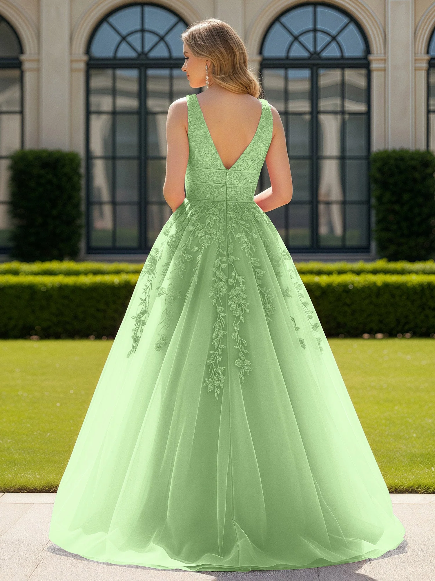 Applique Tüll Offener Rücken Tief V-Ausschnitt Ballkleid Salbei - Image 2