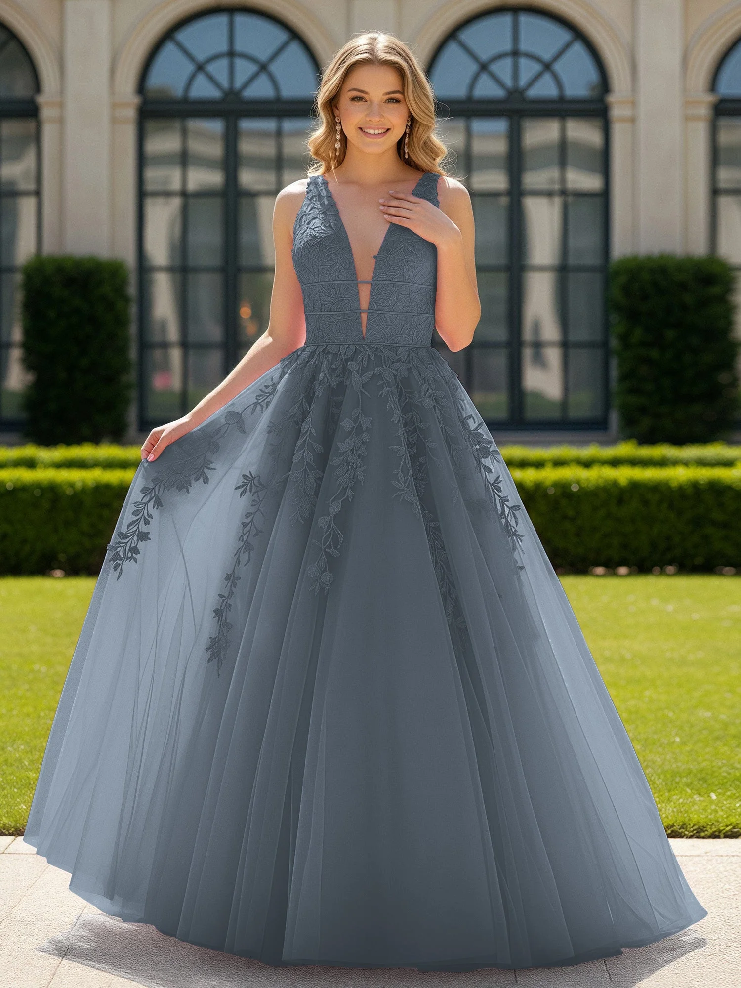 Applique Tüll Offener Rücken Tief V-Ausschnitt Ballkleid Schiefer Blau