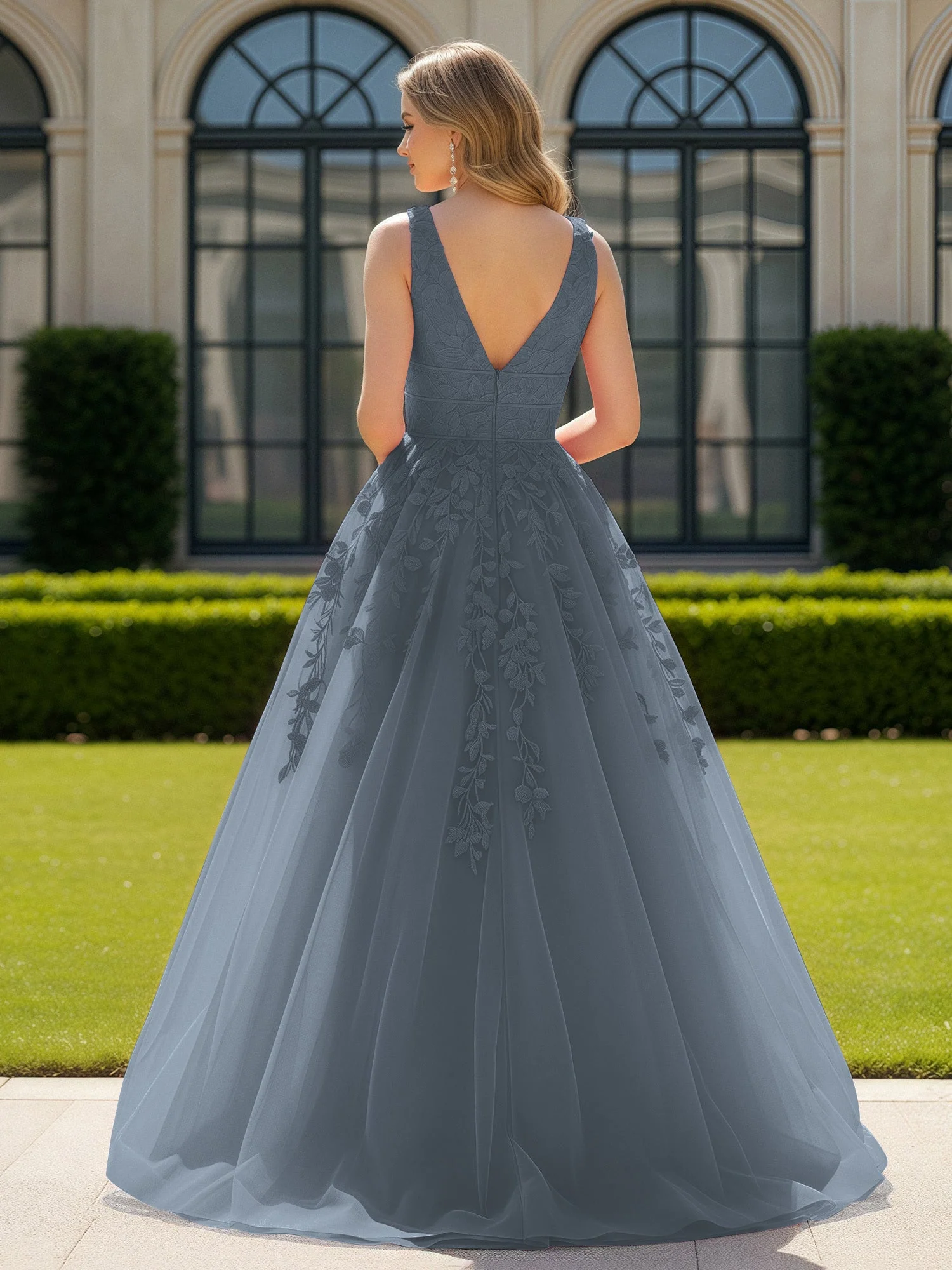 Applique Tüll Offener Rücken Tief V-Ausschnitt Ballkleid Schiefer Blau - Image 2