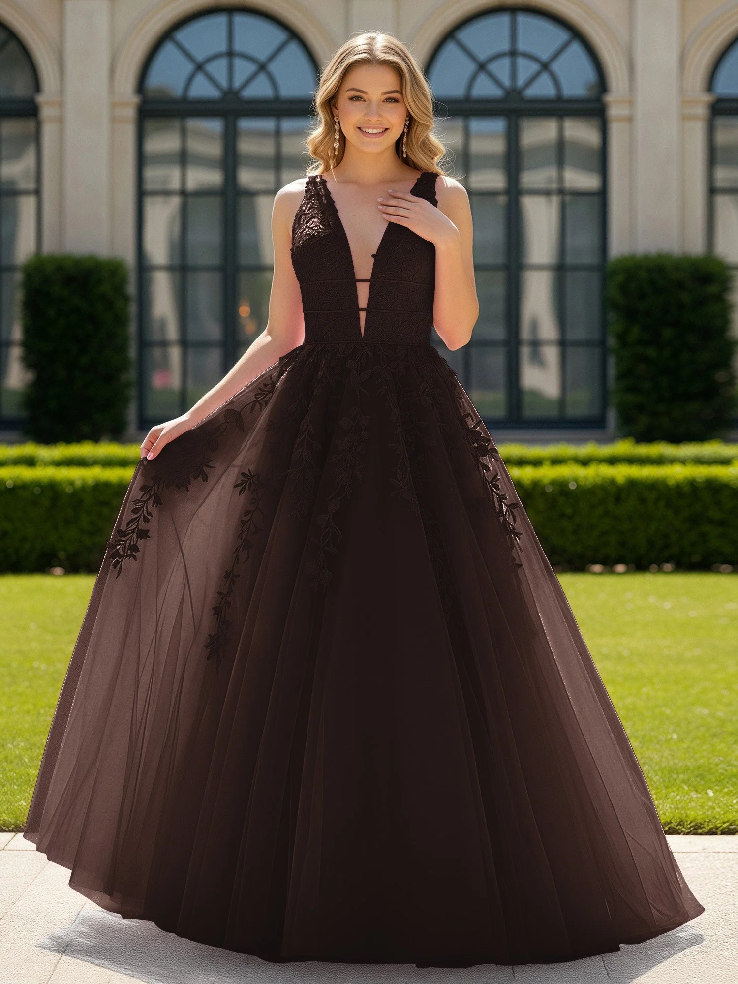 Applique Tüll Offener Rücken Tief V-Ausschnitt Ballkleid Schokolade