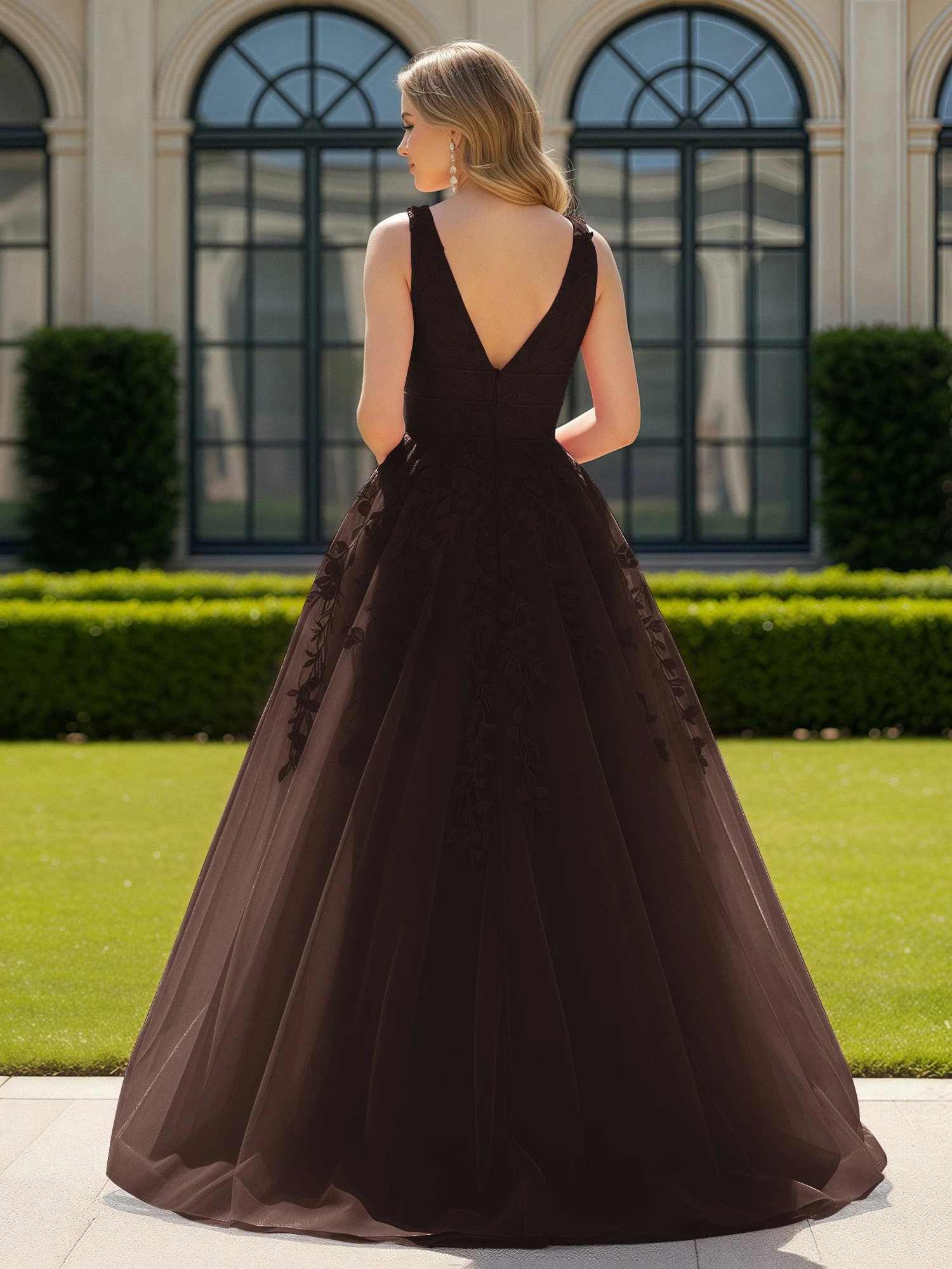 Applique Tüll Offener Rücken Tief V-Ausschnitt Ballkleid Schokolade - Image 2