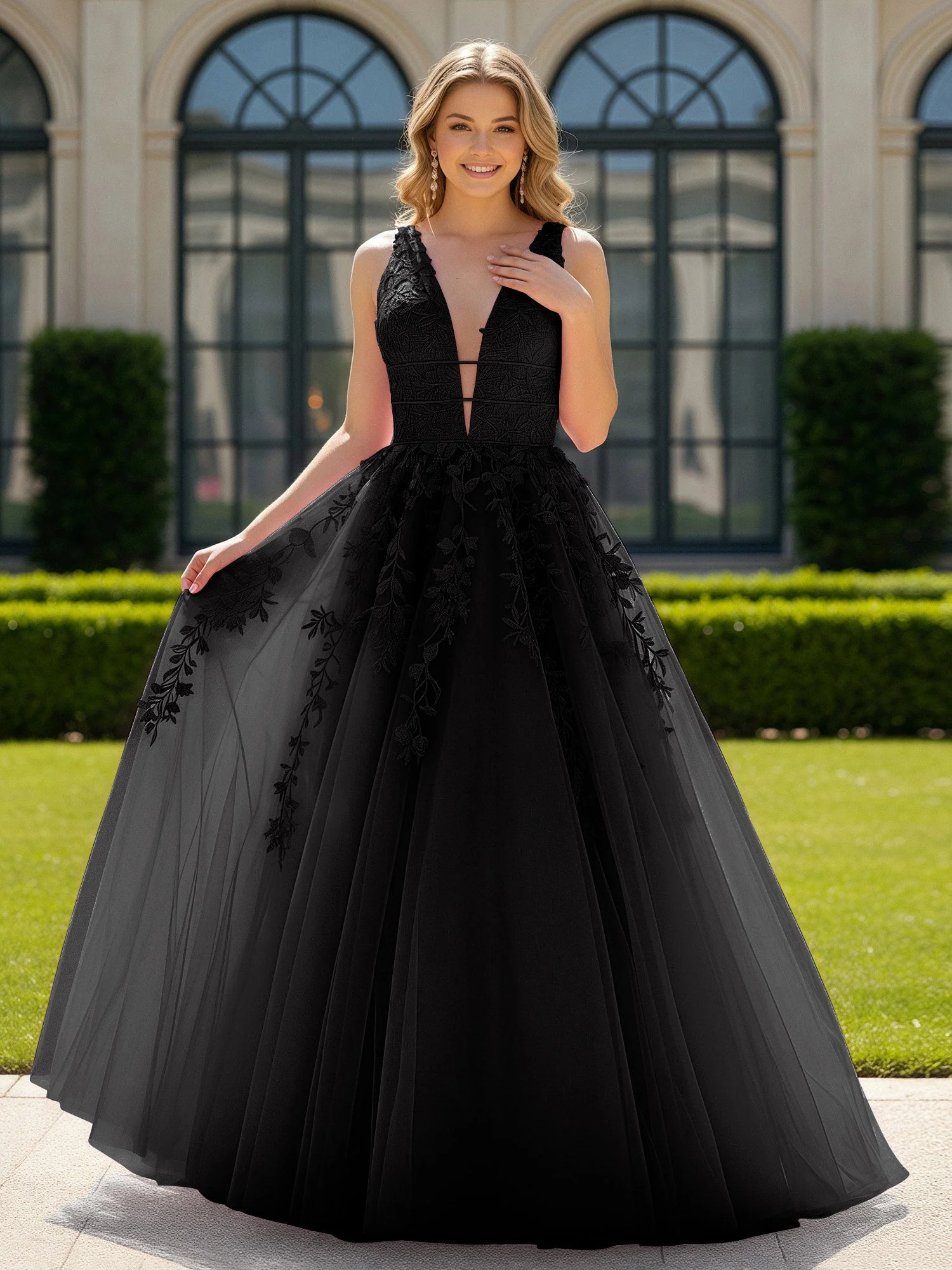 Applique Tüll Offener Rücken Tief V-Ausschnitt Ballkleid Schwarz