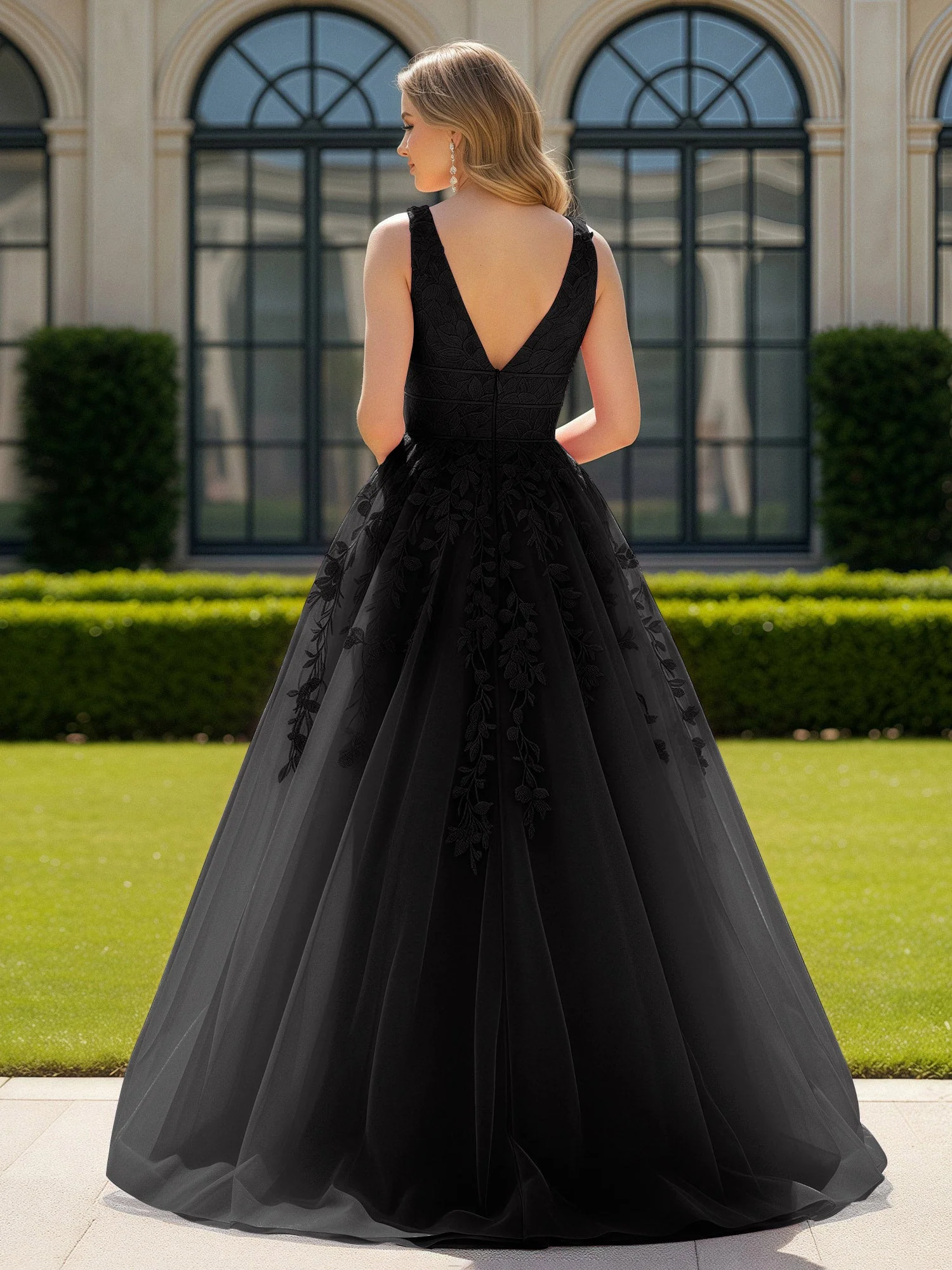 Applique Tüll Offener Rücken Tief V-Ausschnitt Ballkleid Schwarz - Image 2
