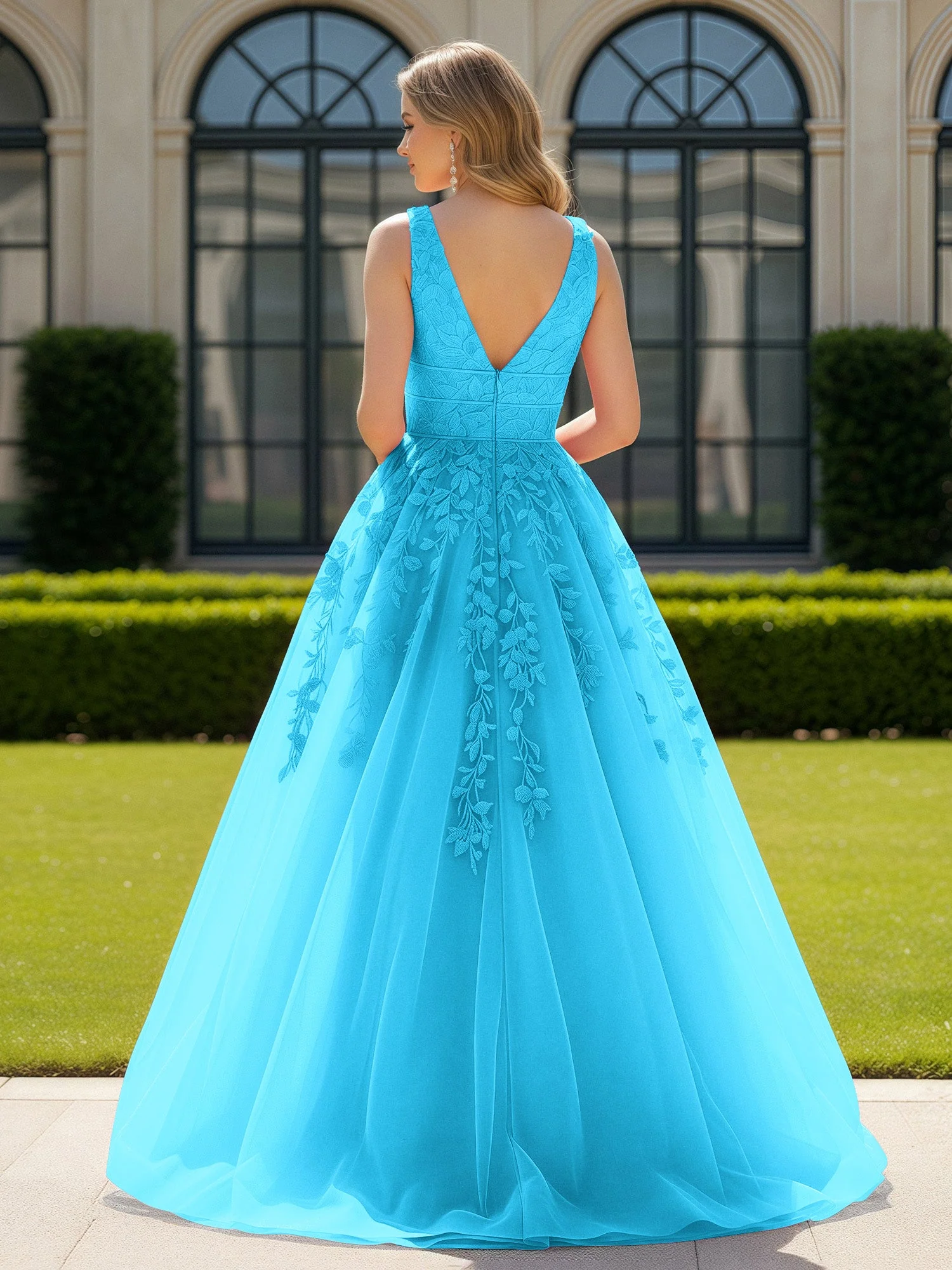 Applique Tüll Offener Rücken Tief V-Ausschnitt Ballkleid Schwimmbadblau - Image 2
