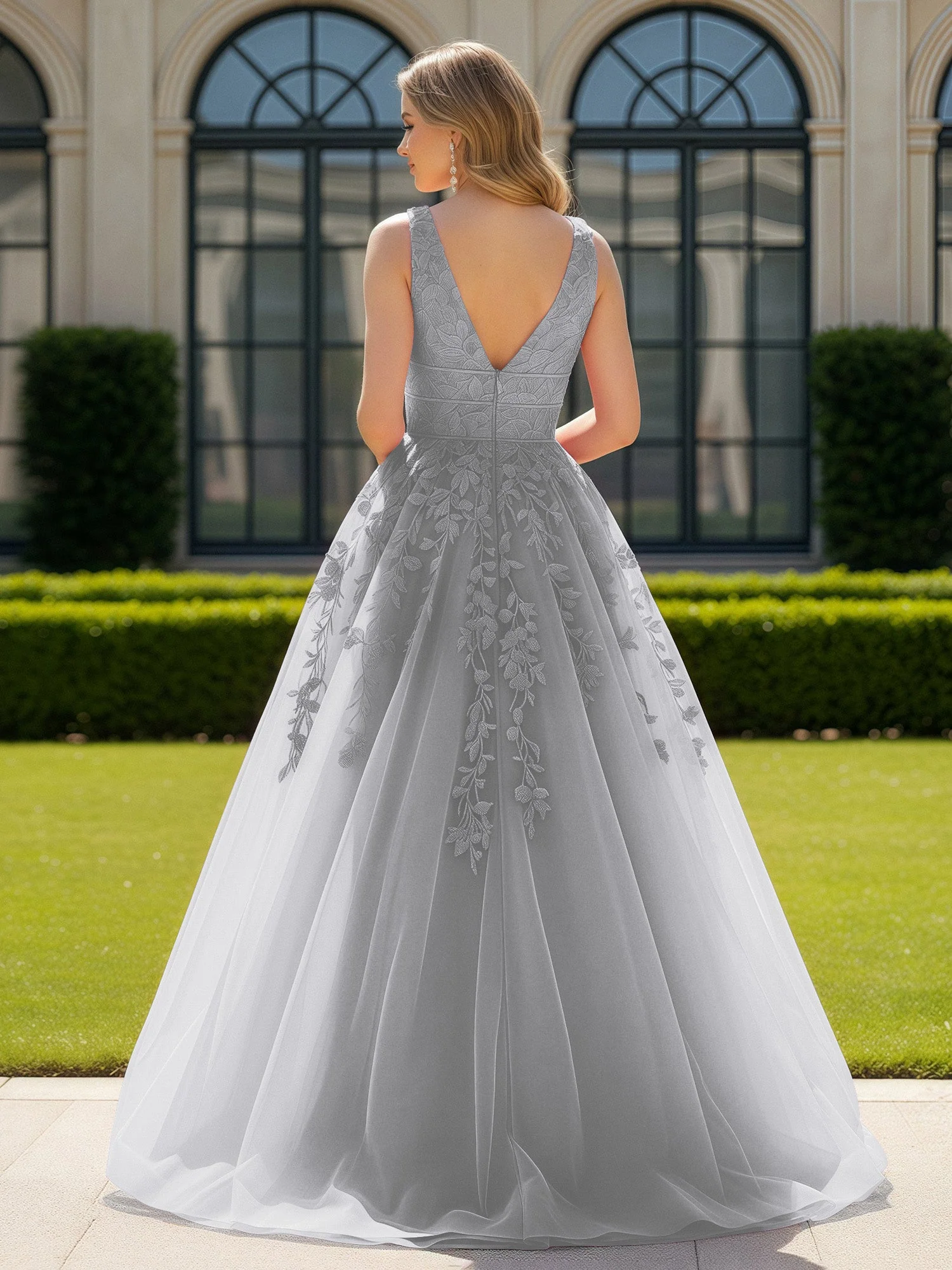 Applique Tüll Offener Rücken Tief V-Ausschnitt Ballkleid Silber - Image 2