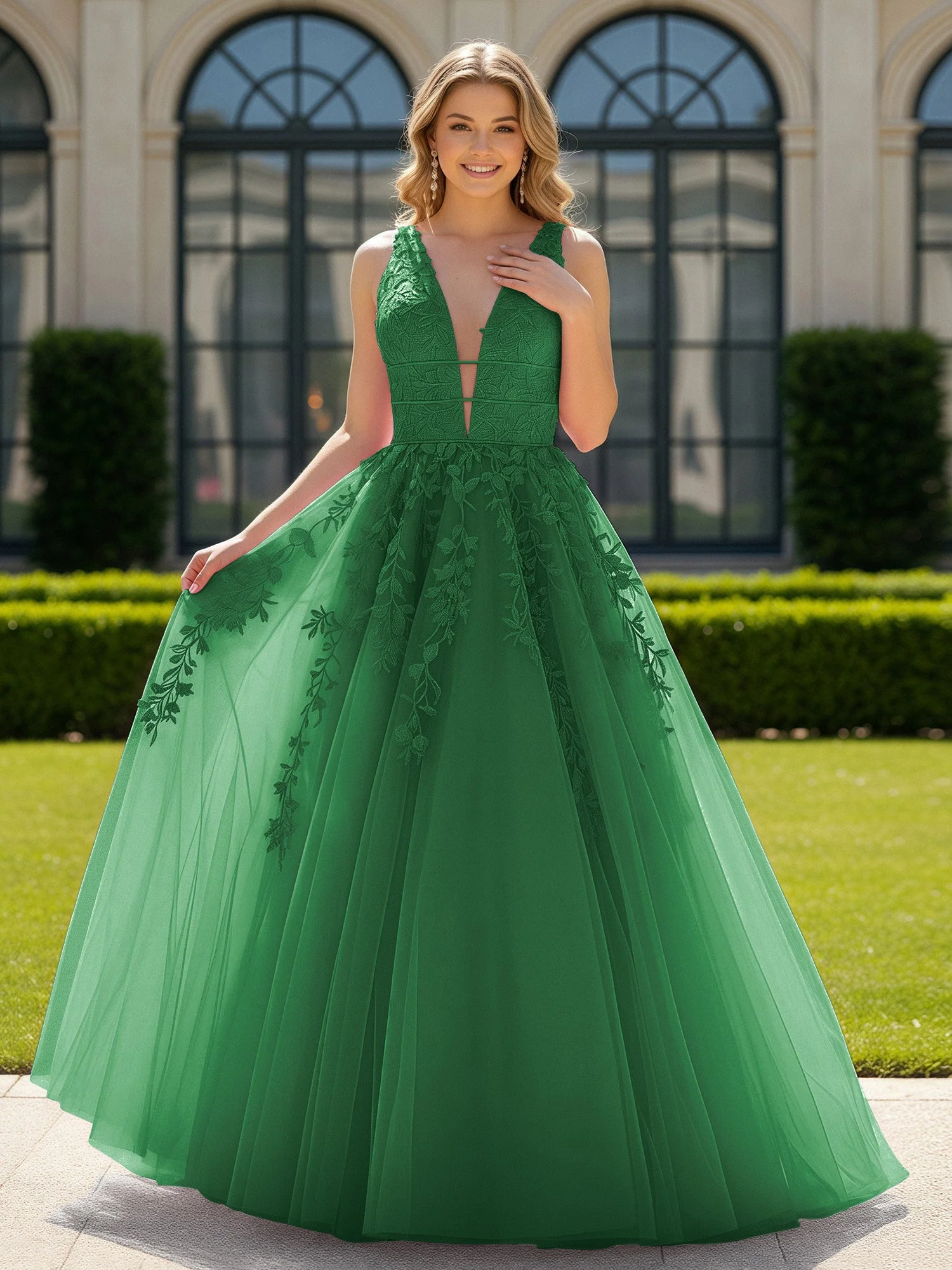 Applique Tüll Offener Rücken Tief V-Ausschnitt Ballkleid Smaragd