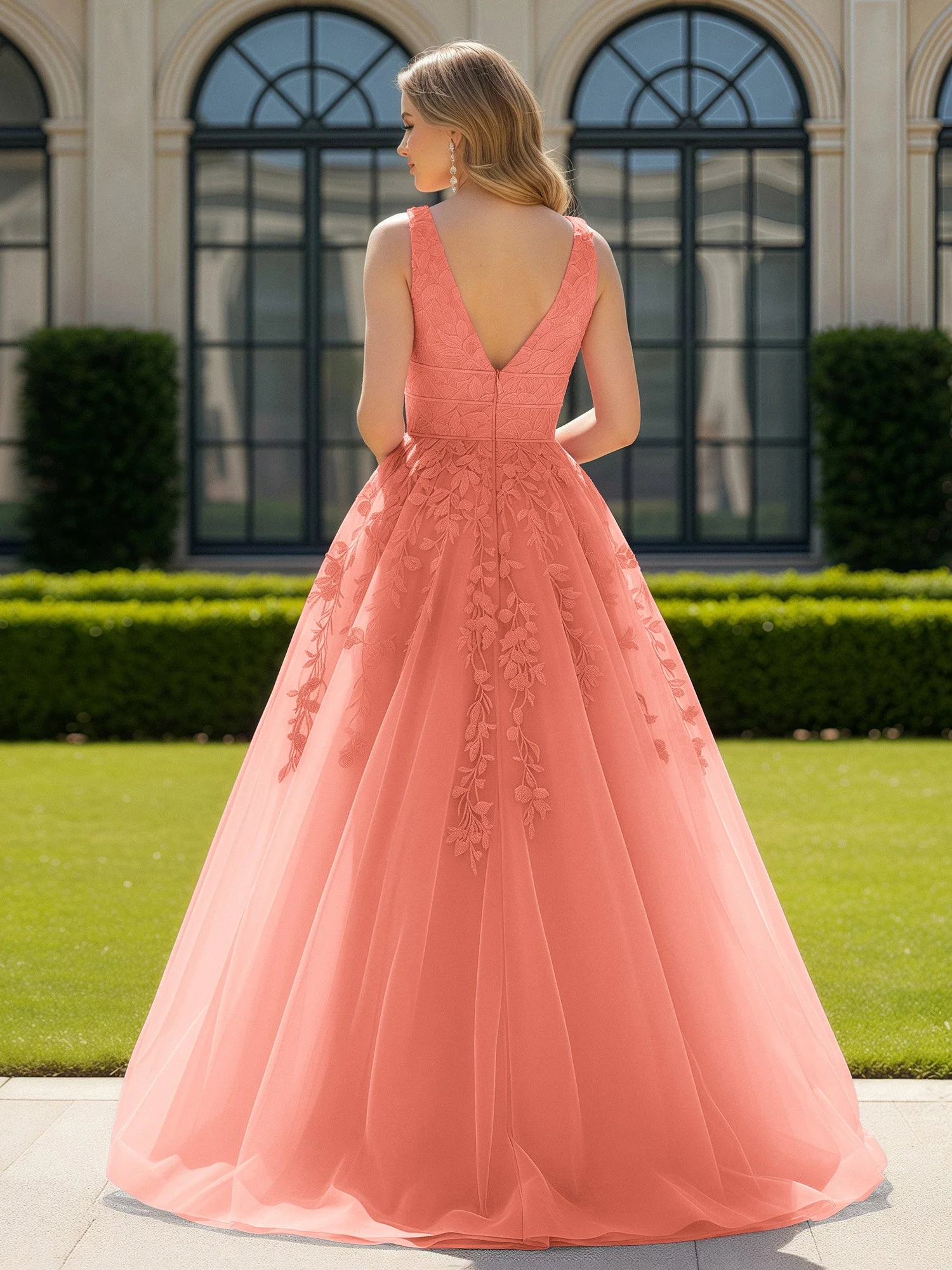 Applique Tüll Offener Rücken Tief V-Ausschnitt Ballkleid Sonnenuntergang - Image 2