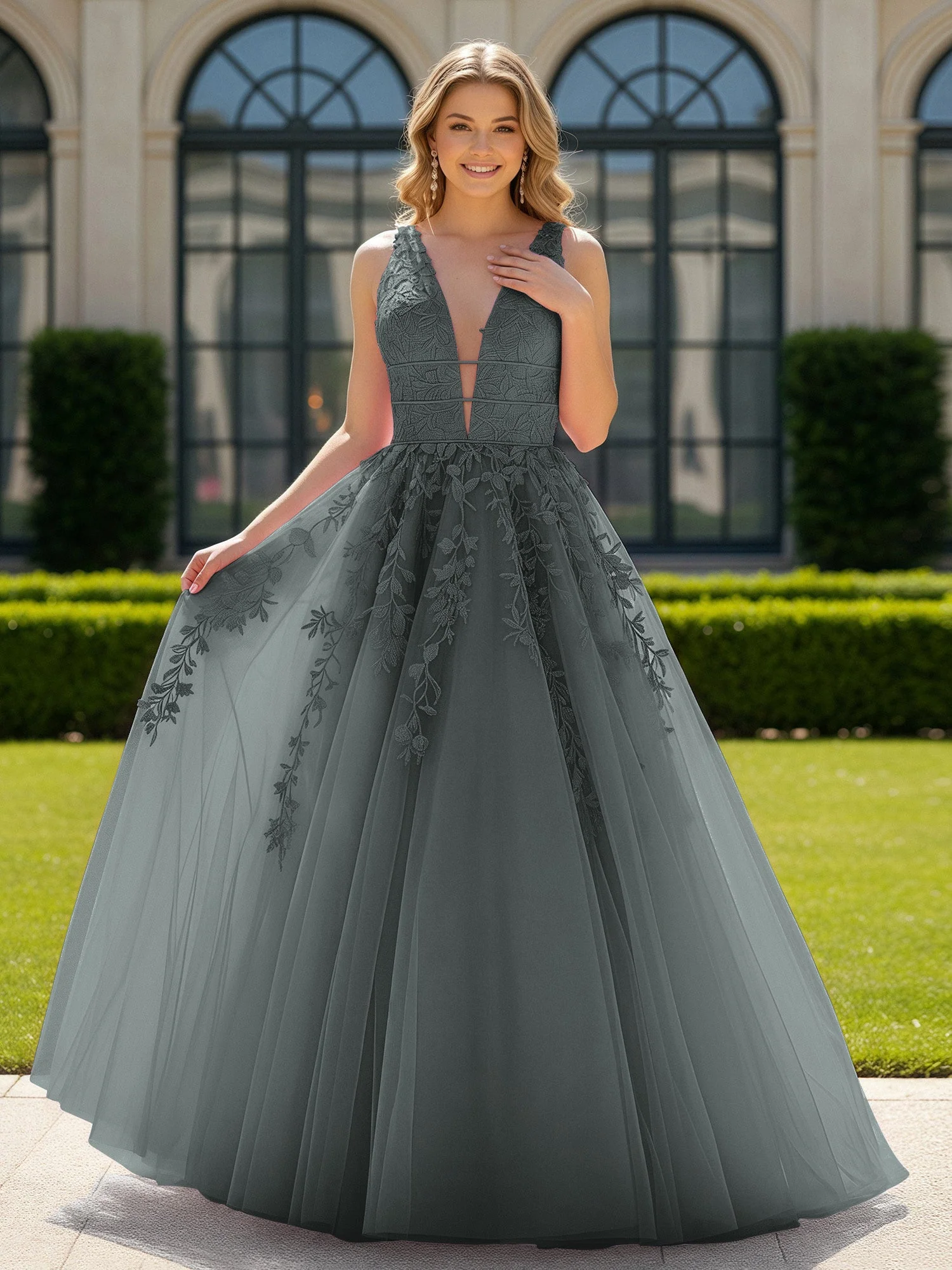 Applique Tüll Offener Rücken Tief V-Ausschnitt Ballkleid Stahlgrau