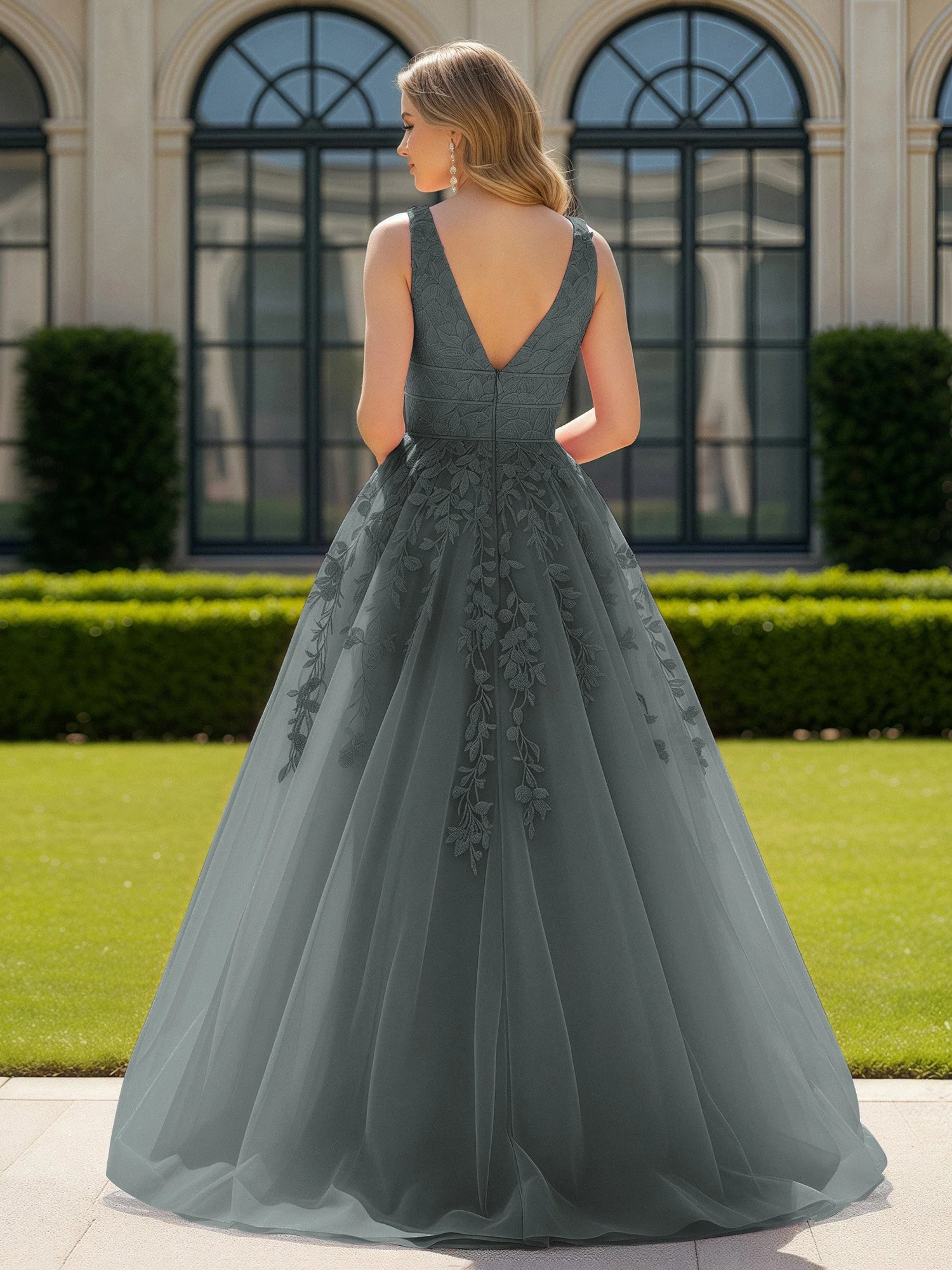 Applique Tüll Offener Rücken Tief V-Ausschnitt Ballkleid Stahlgrau - Image 2