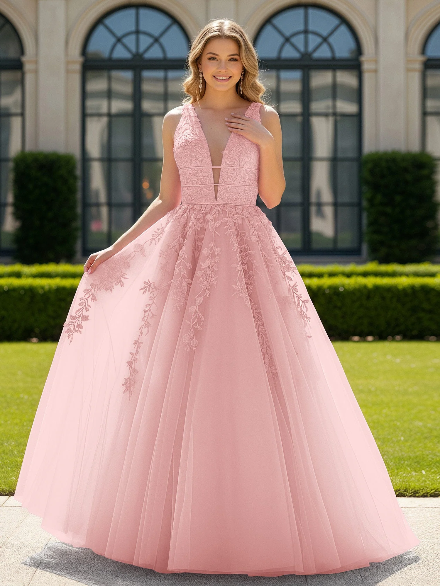 Applique Tüll Offener Rücken Tief V-Ausschnitt Ballkleid Staubige Rosa