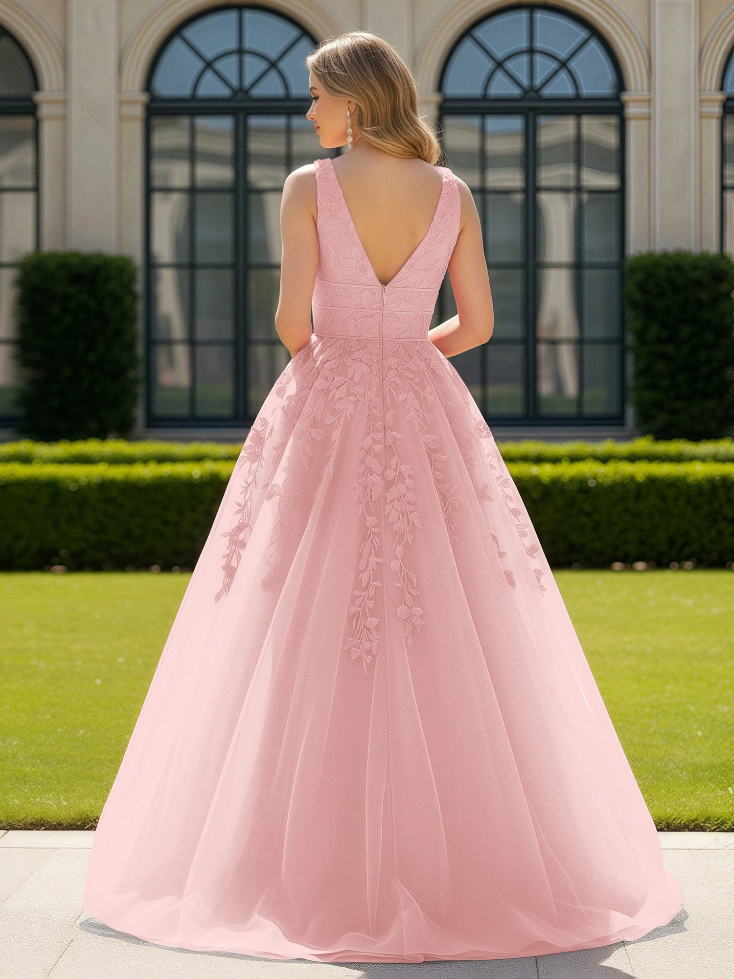 Applique Tüll Offener Rücken Tief V-Ausschnitt Ballkleid Staubige Rosa - Image 2