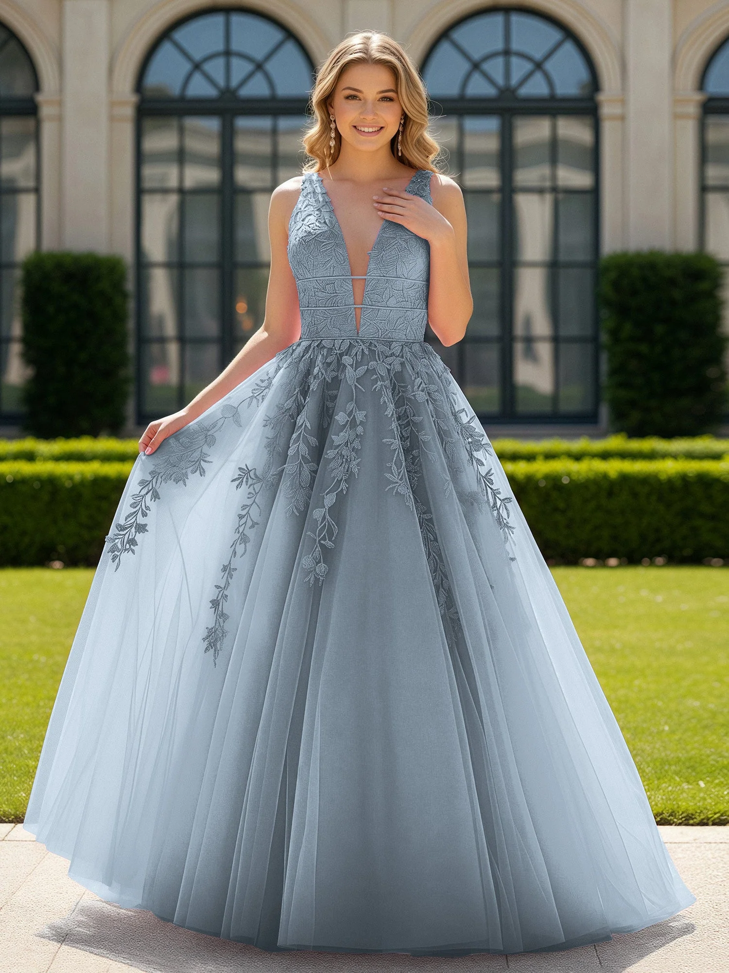 Applique Tüll Offener Rücken Tief V-Ausschnitt Ballkleid Staubiges Blau