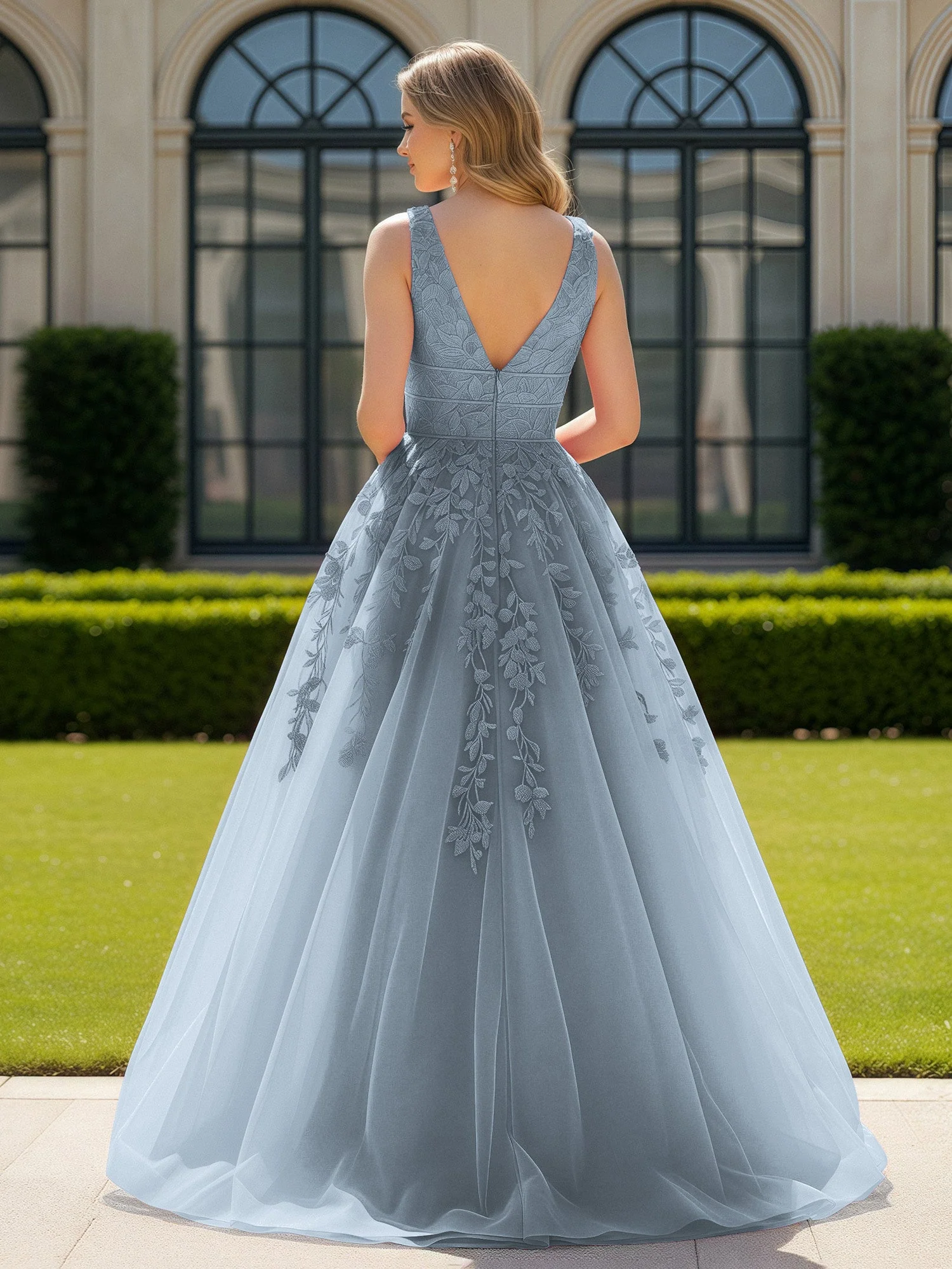 Applique Tüll Offener Rücken Tief V-Ausschnitt Ballkleid Staubiges Blau - Image 2