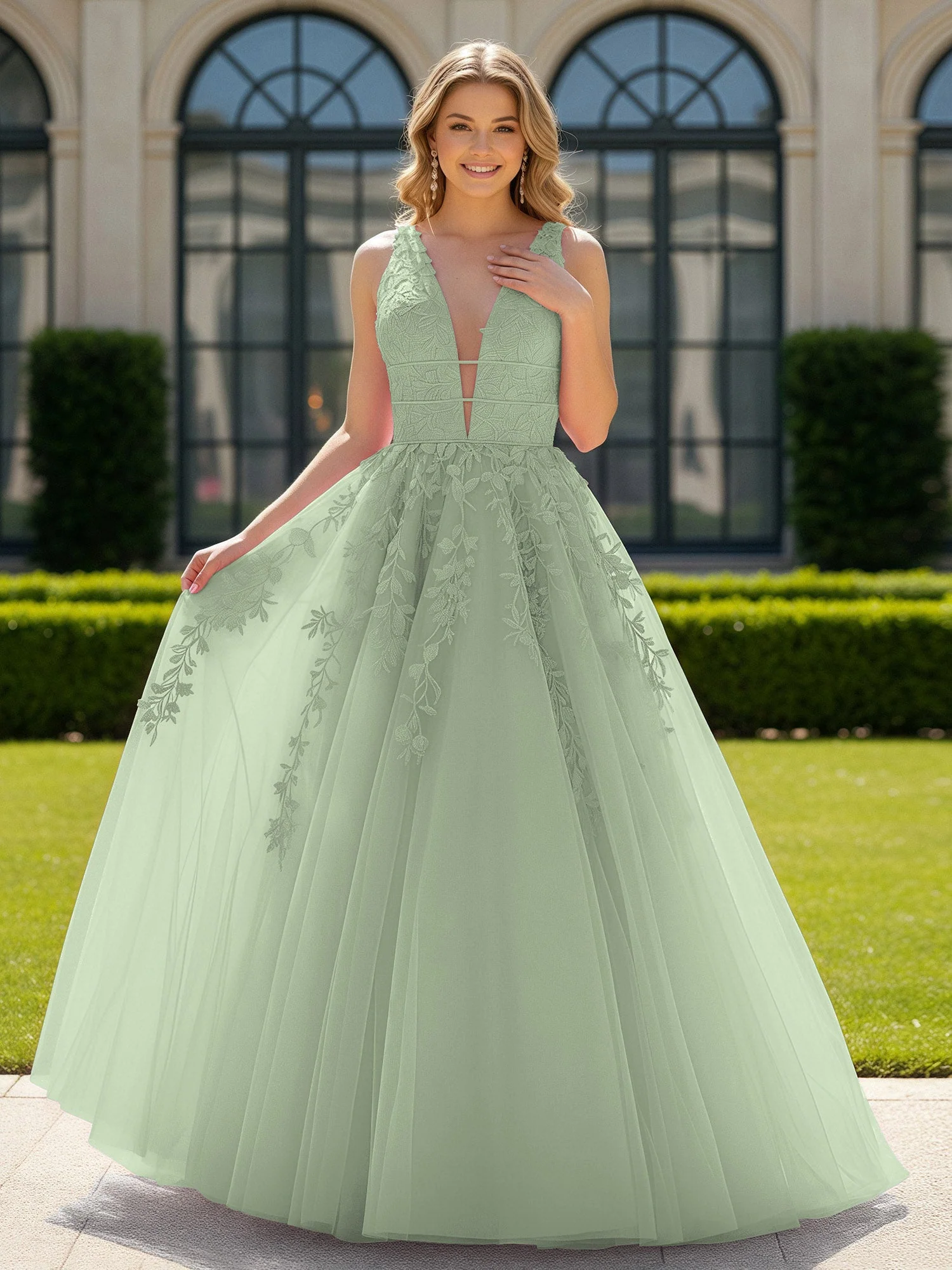 Applique Tüll Offener Rücken Tief V-Ausschnitt Ballkleid Staubiges Salbei