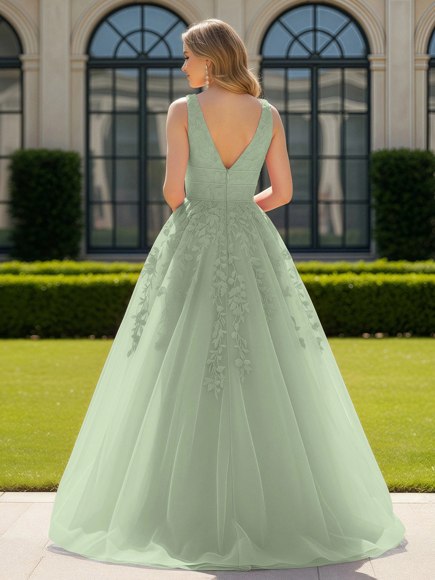 Applique Tüll Offener Rücken Tief V-Ausschnitt Ballkleid Staubiges Salbei - Image 2