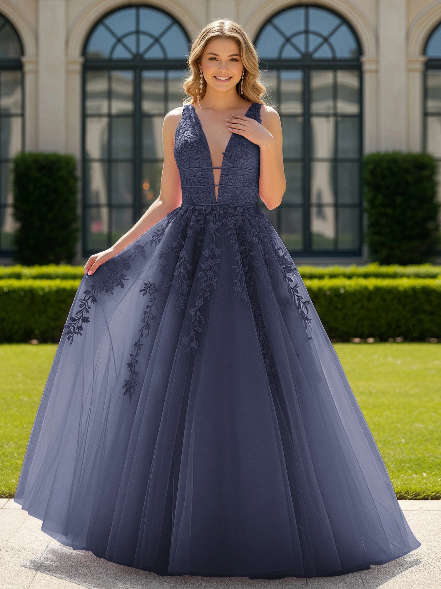 Applique Tüll Offener Rücken Tief V-Ausschnitt Ballkleid Sturm