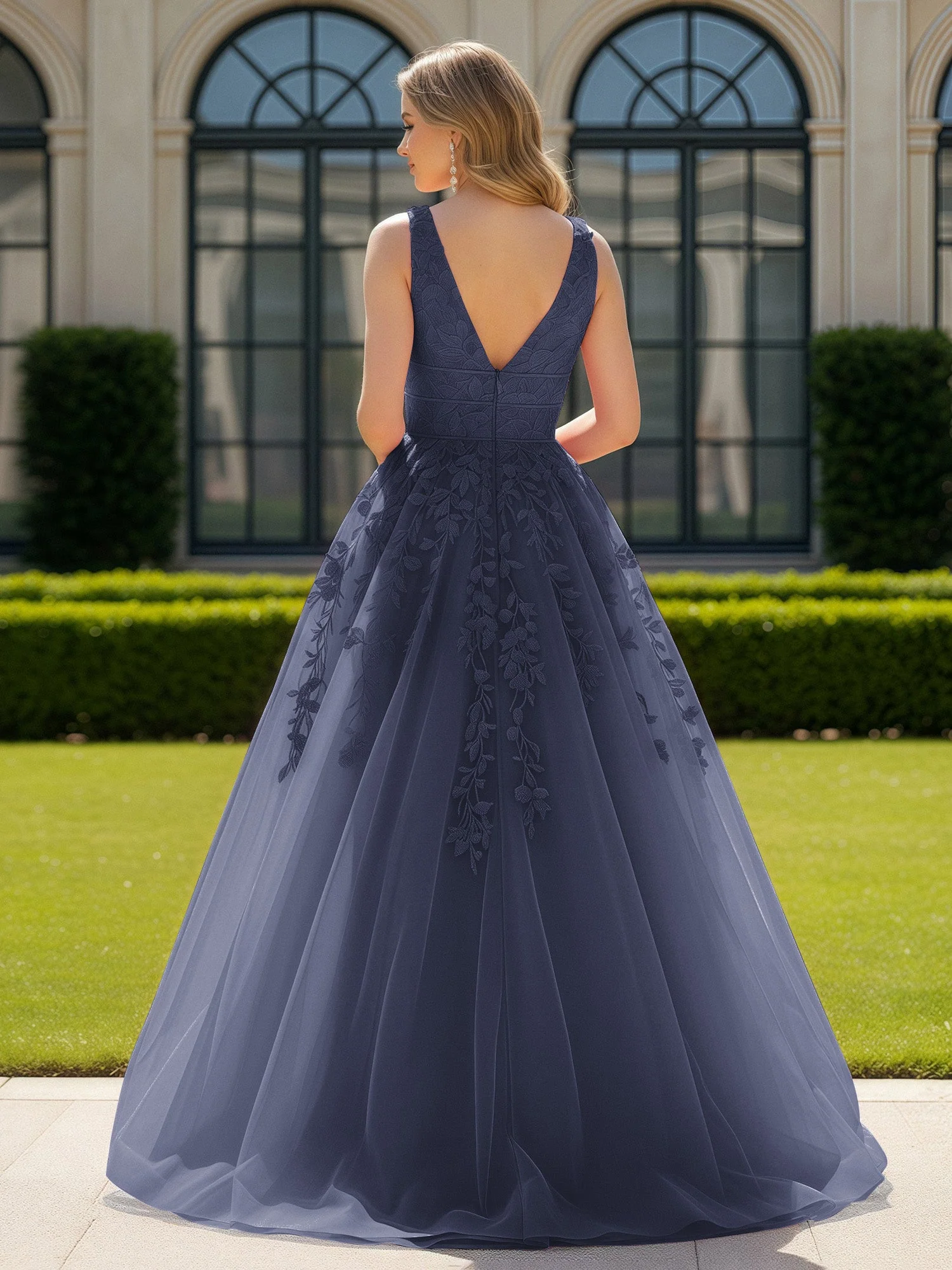 Applique Tüll Offener Rücken Tief V-Ausschnitt Ballkleid Sturm - Image 2
