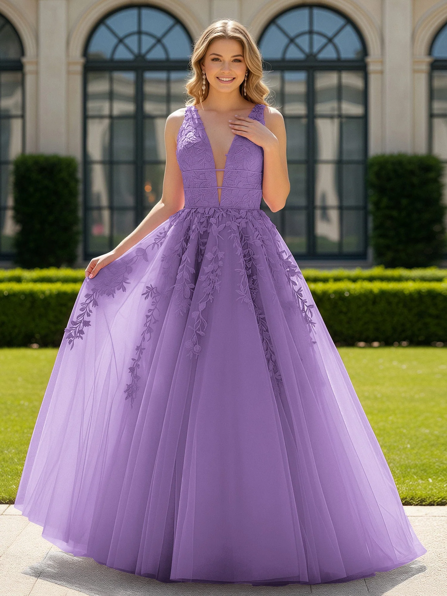 Applique Tüll Offener Rücken Tief V-Ausschnitt Ballkleid Tahiti