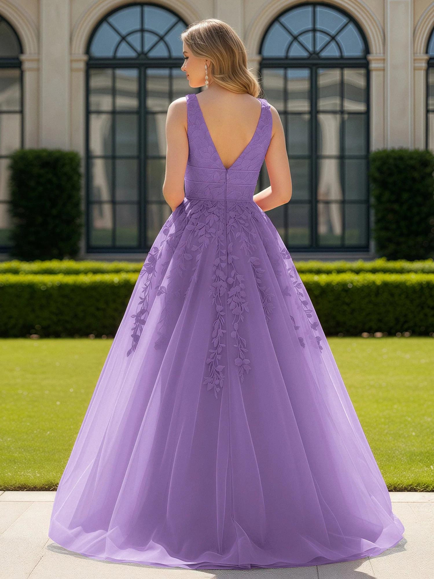 Applique Tüll Offener Rücken Tief V-Ausschnitt Ballkleid Tahiti - Image 2