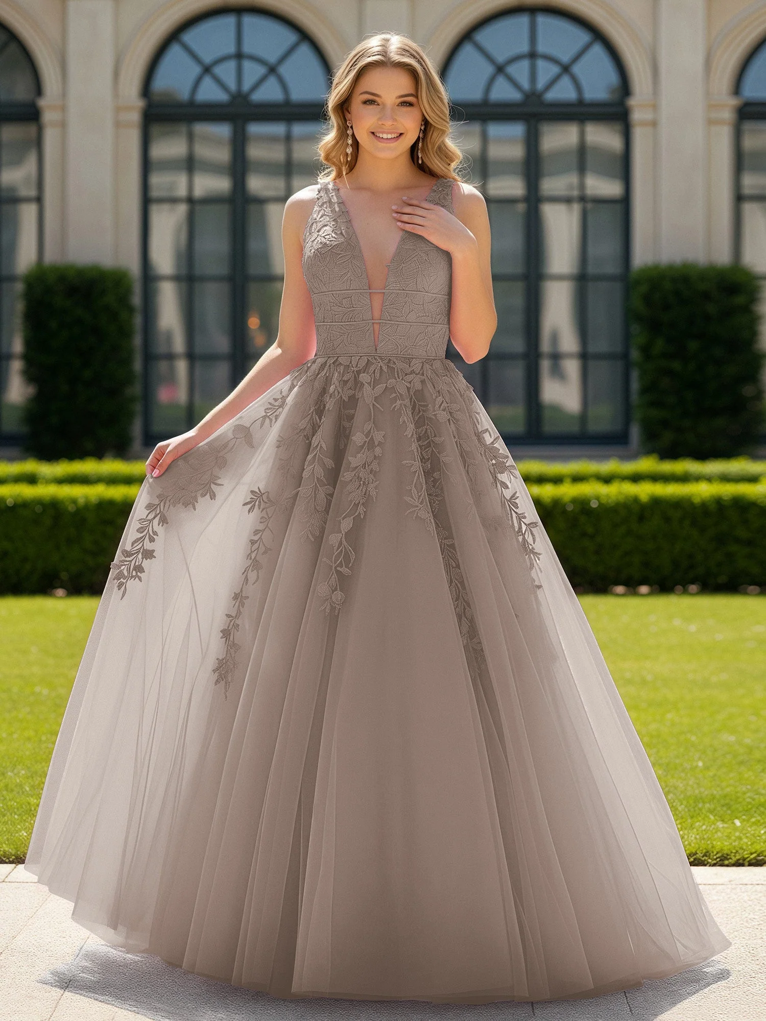 Applique Tüll Offener Rücken Tief V-Ausschnitt Ballkleid Taupe