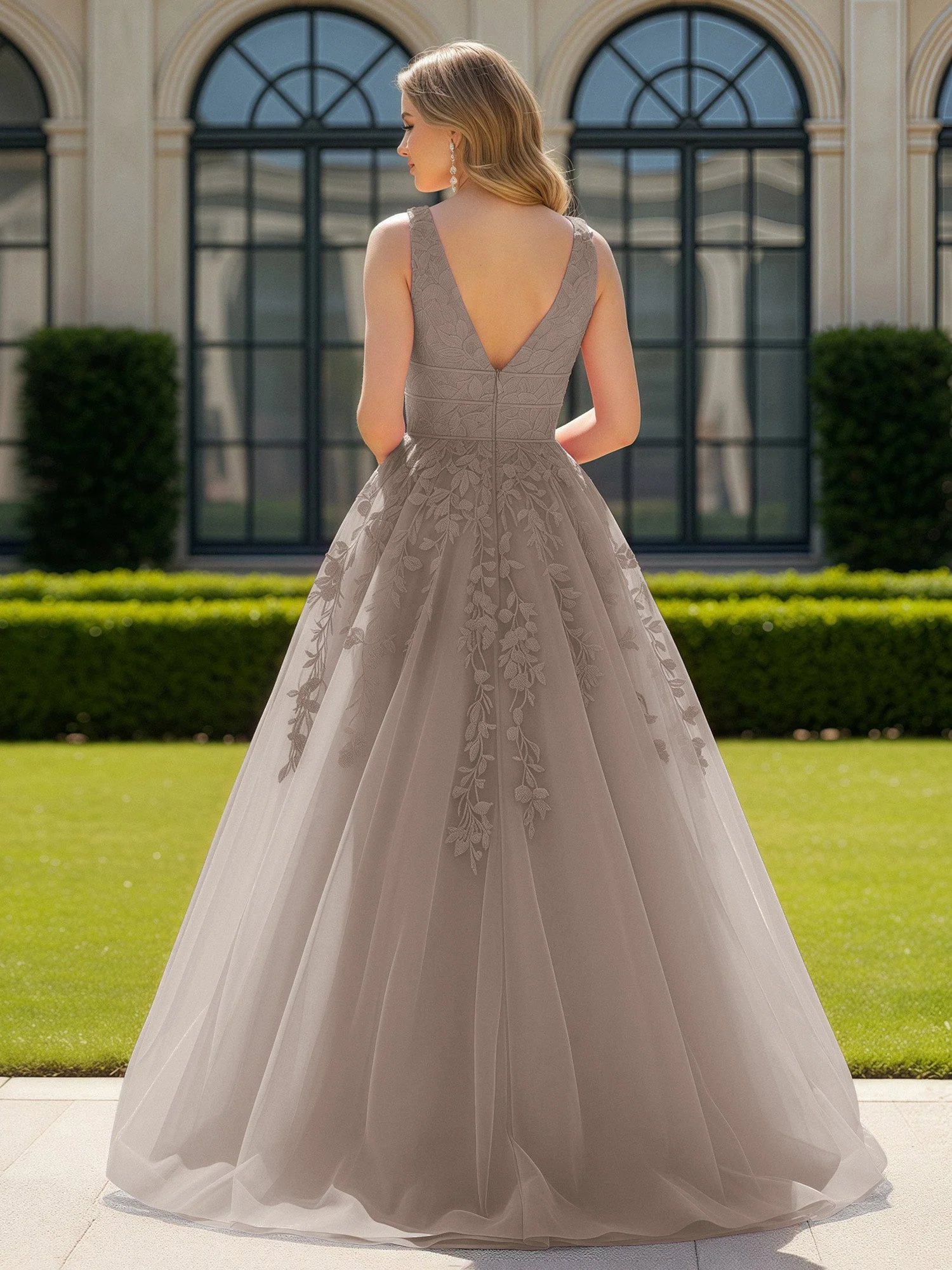 Applique Tüll Offener Rücken Tief V-Ausschnitt Ballkleid Taupe - Image 2