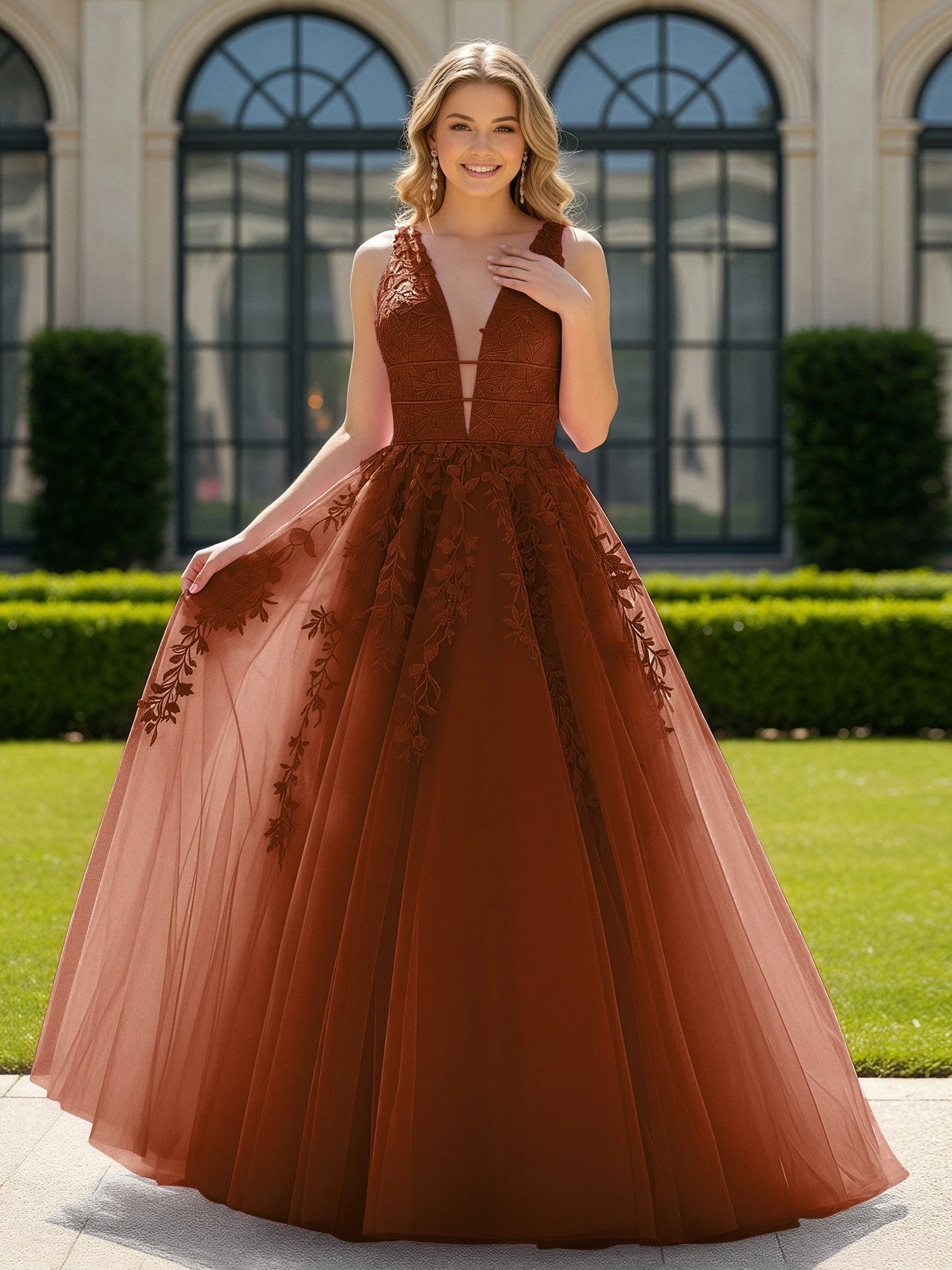 Applique Tüll Offener Rücken Tief V-Ausschnitt Ballkleid Terrakotta