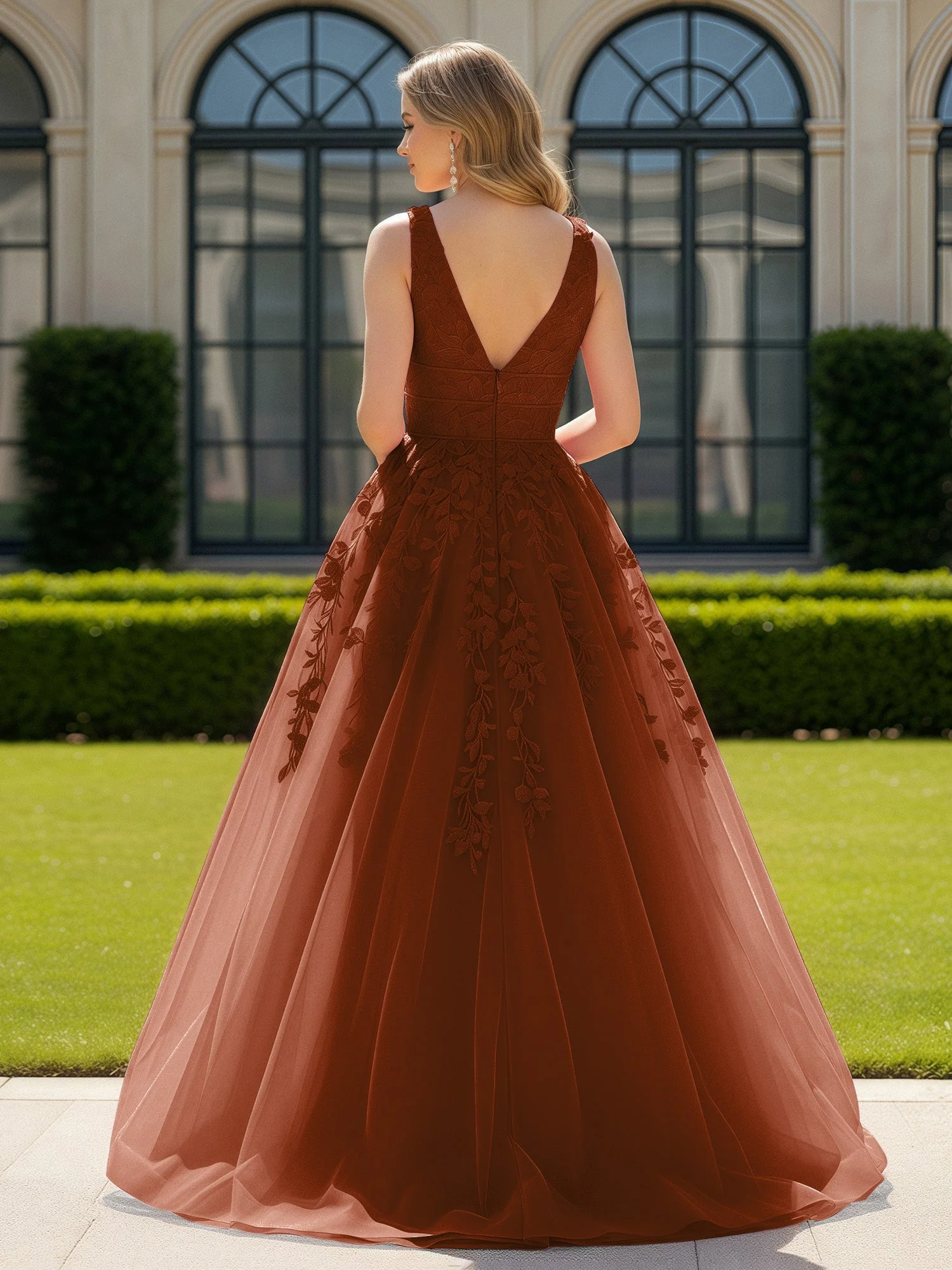 Applique Tüll Offener Rücken Tief V-Ausschnitt Ballkleid Terrakotta - Image 2