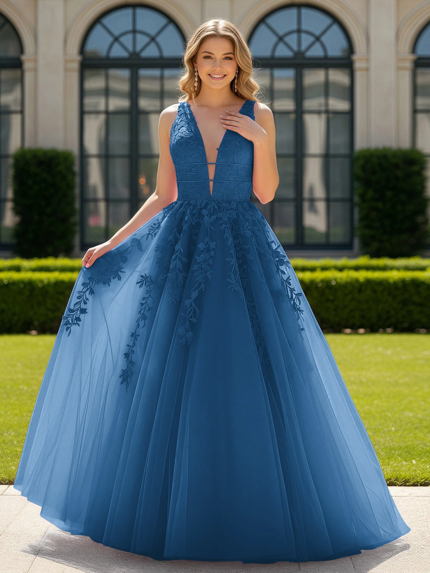 Applique Tüll Offener Rücken Tief V-Ausschnitt Ballkleid Tinte Blau