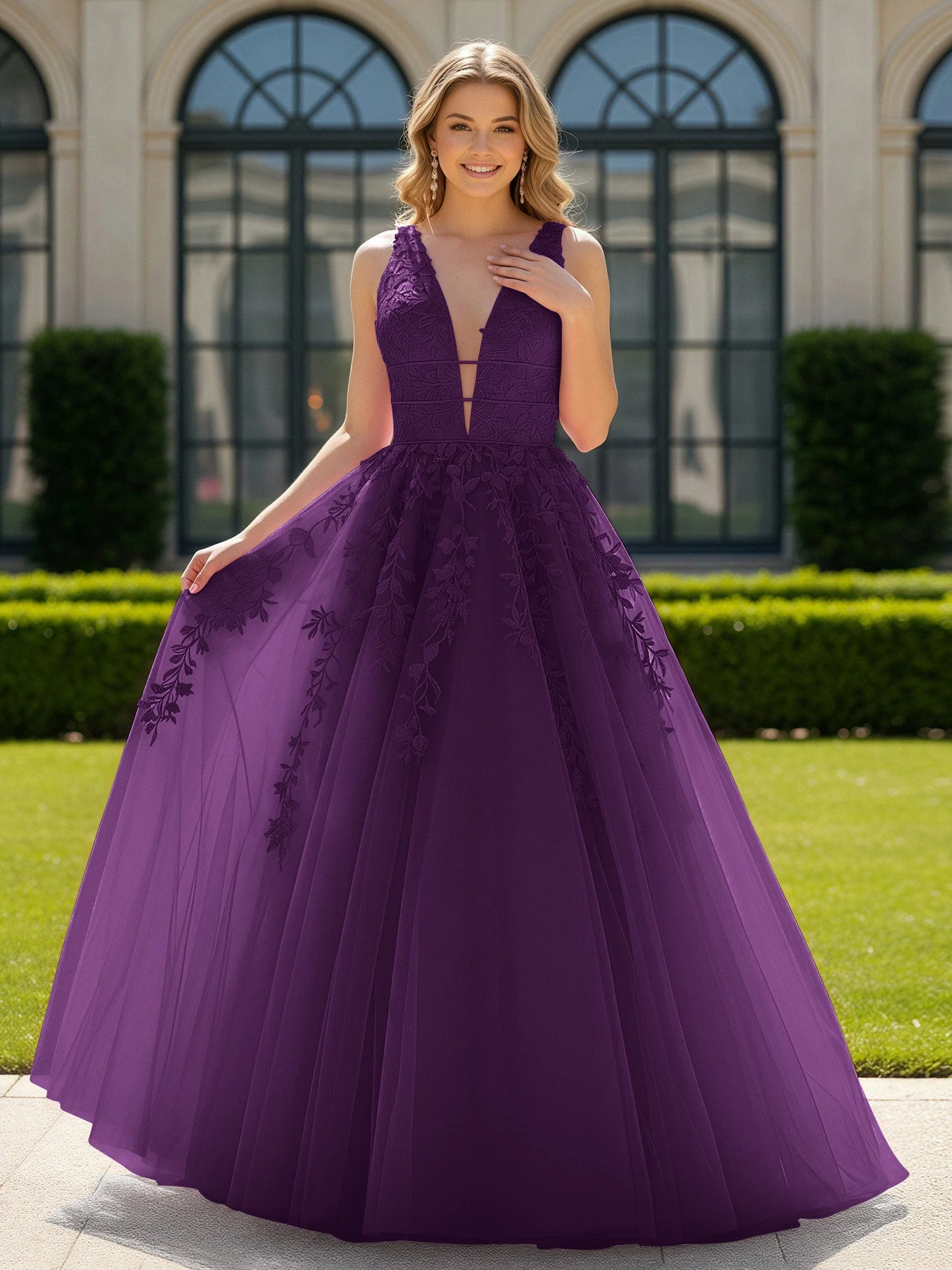 Applique Tüll Offener Rücken Tief V-Ausschnitt Ballkleid Traube