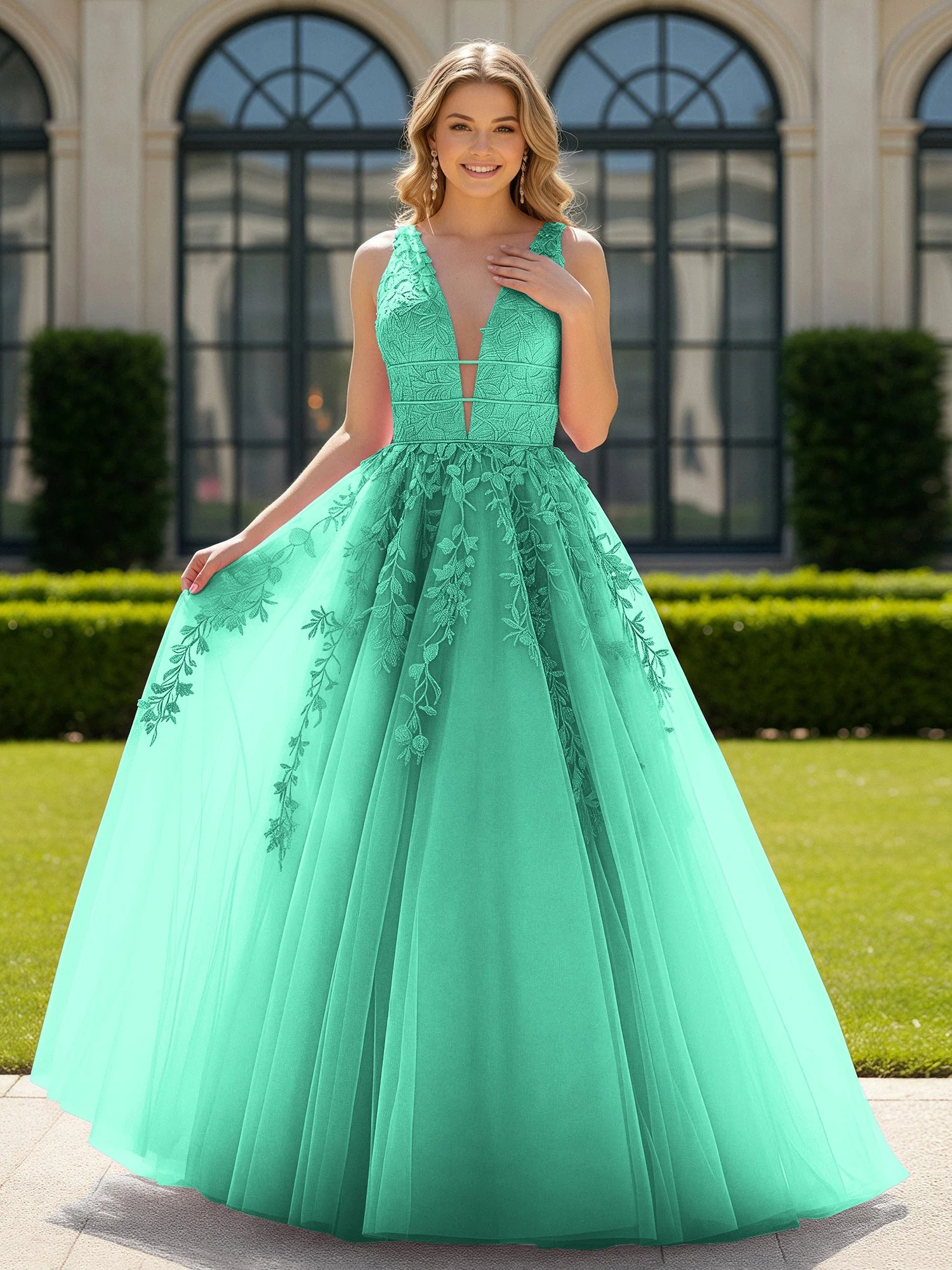 Applique Tüll Offener Rücken Tief V-Ausschnitt Ballkleid Türkis