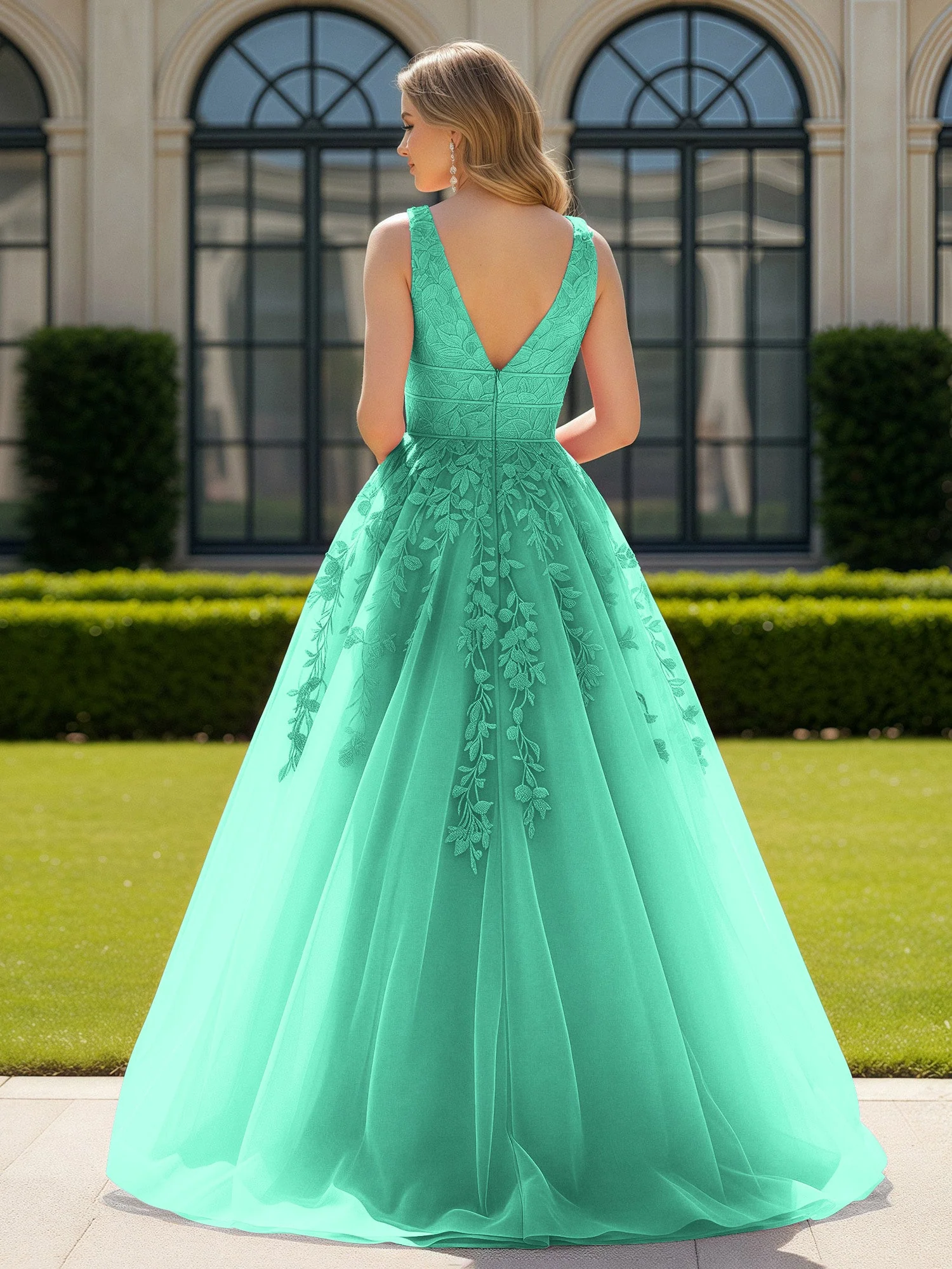 Applique Tüll Offener Rücken Tief V-Ausschnitt Ballkleid Türkis - Image 2