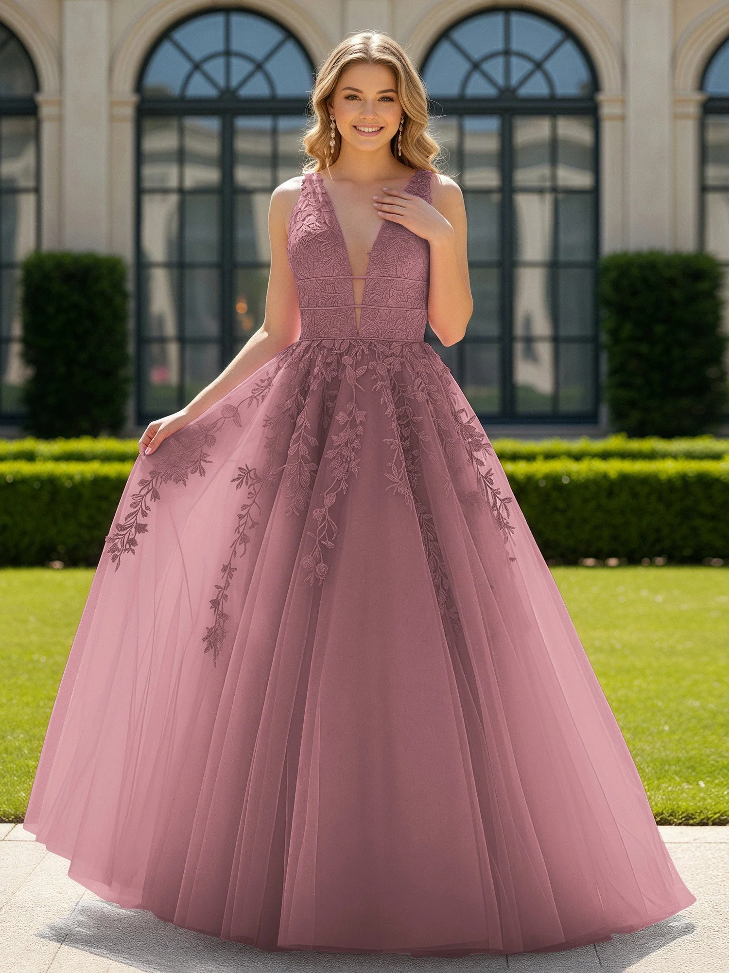 Applique Tüll Offener Rücken Tief V-Ausschnitt Ballkleid Vintage Mauve