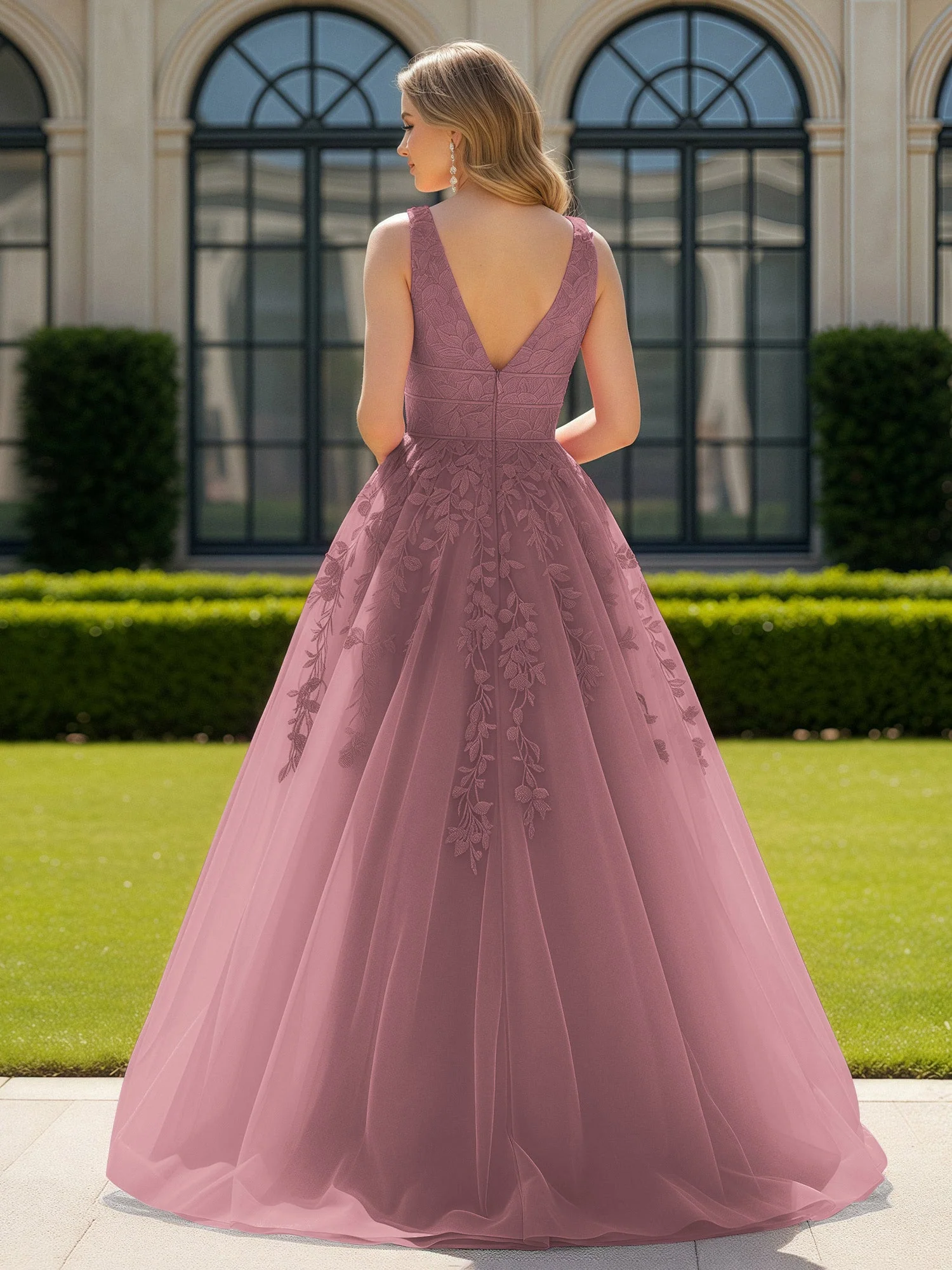 Applique Tüll Offener Rücken Tief V-Ausschnitt Ballkleid Vintage Mauve - Image 2