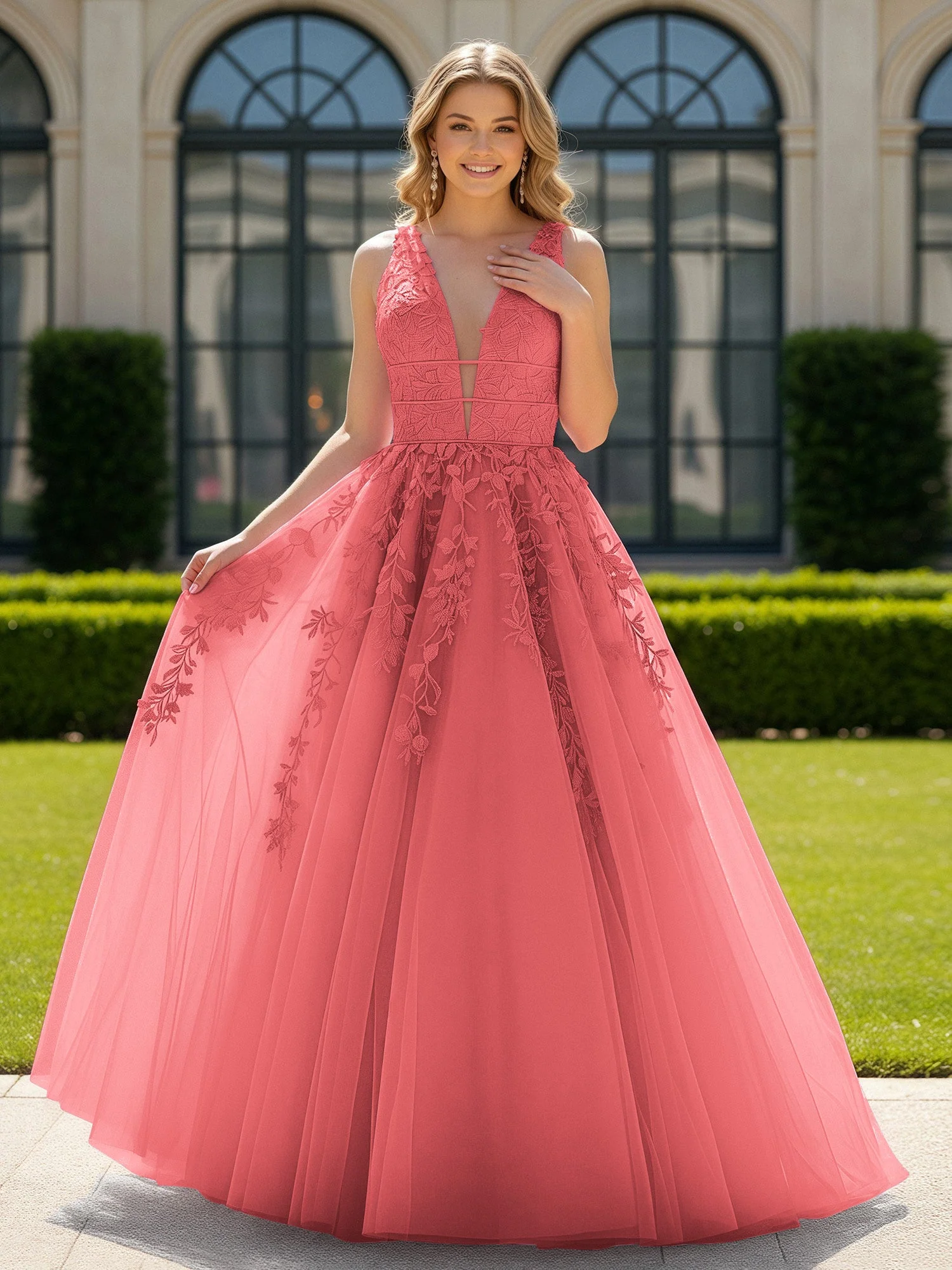 Applique Tüll Offener Rücken Tief V-Ausschnitt Ballkleid Wassermelone