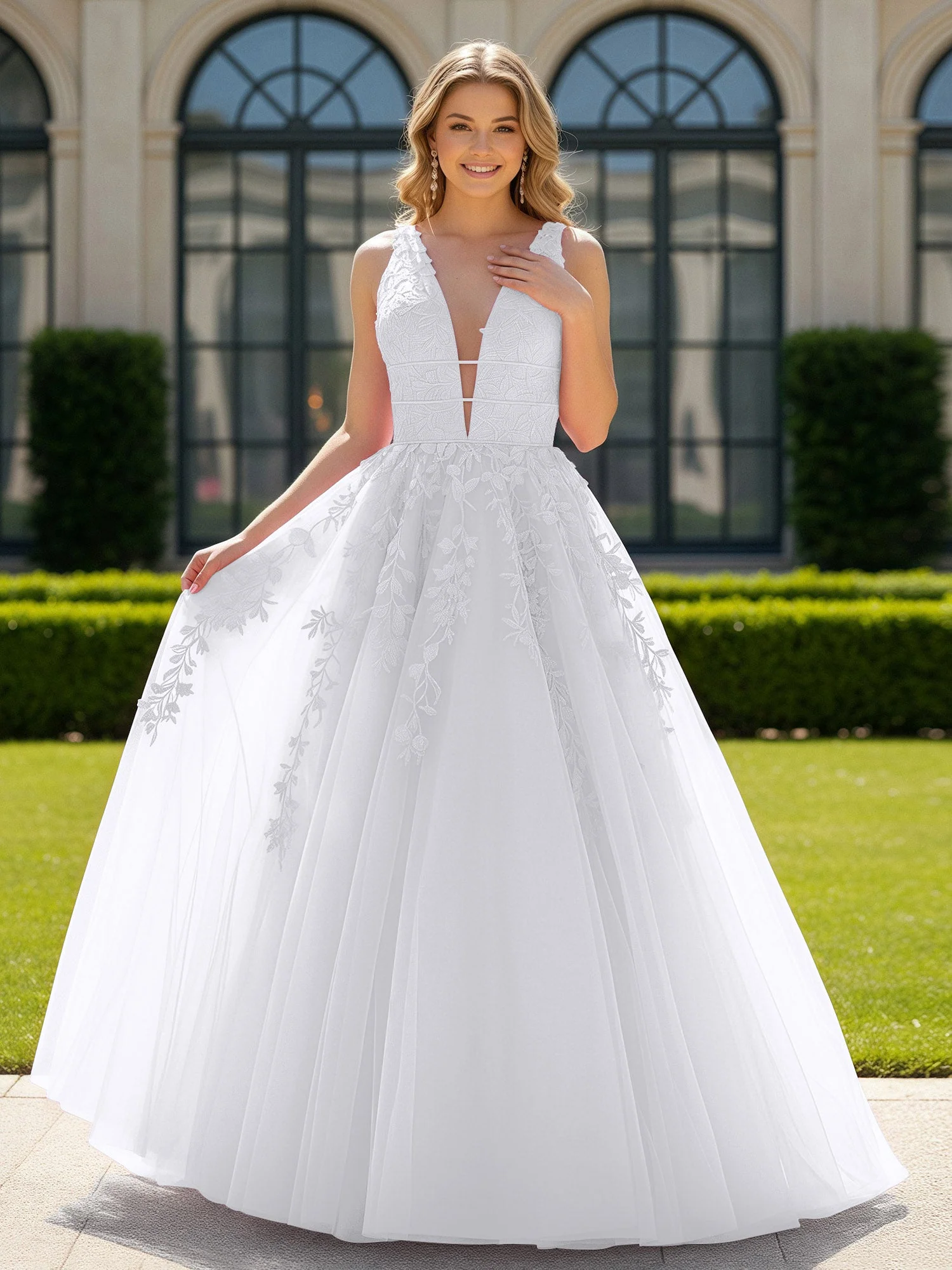 Applique Tüll Offener Rücken Tief V-Ausschnitt Ballkleid Weiß